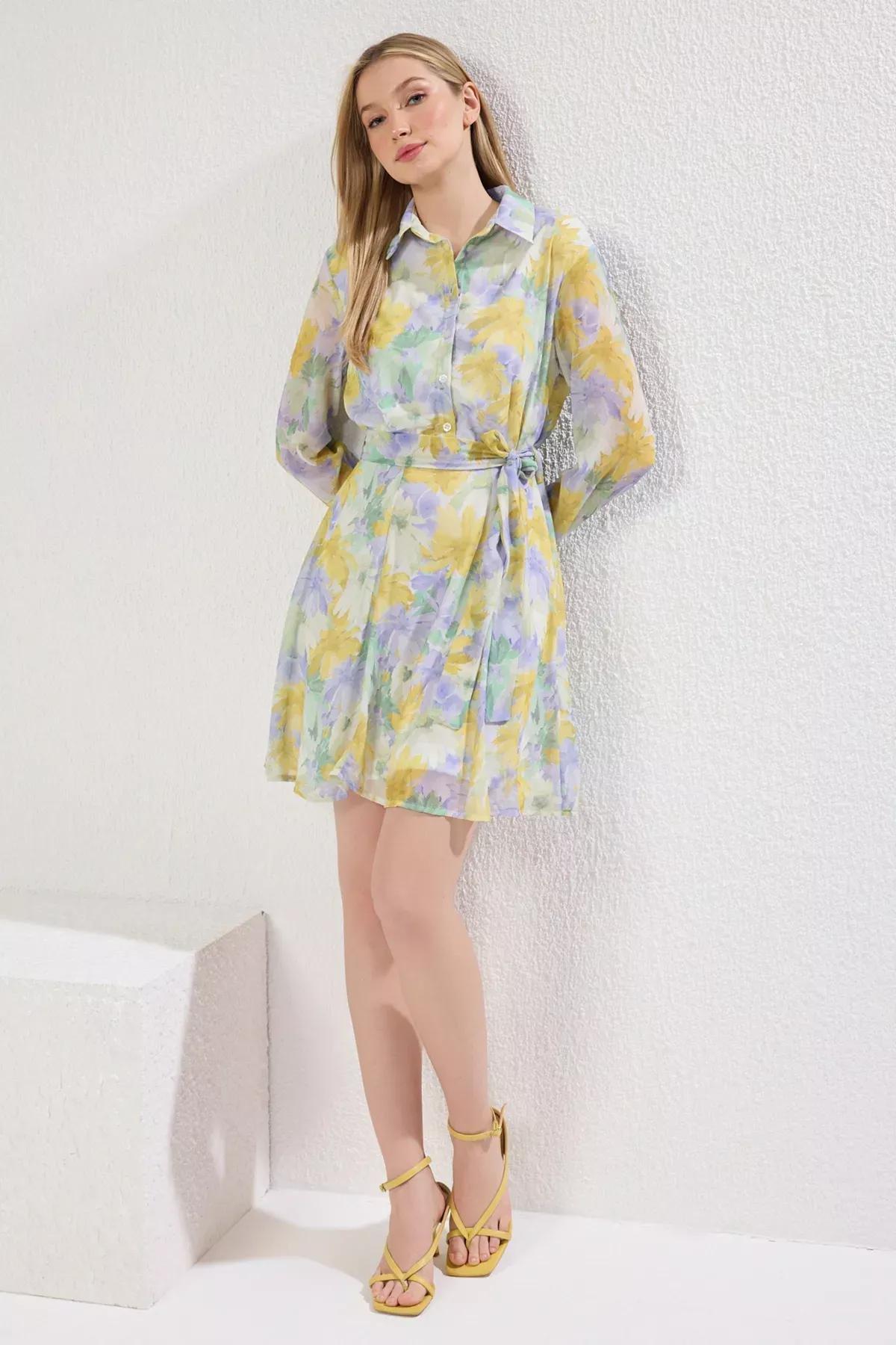 Green Belted Floral Mini Dress, Mint, large image number 1