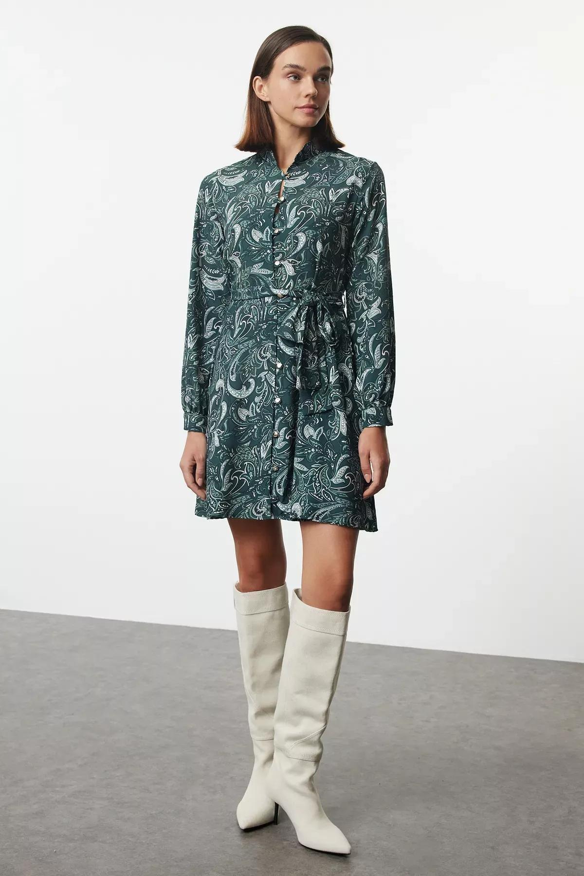 Green Belted Pattern Lined Mini Shirt Dress, Green, large image number 0
