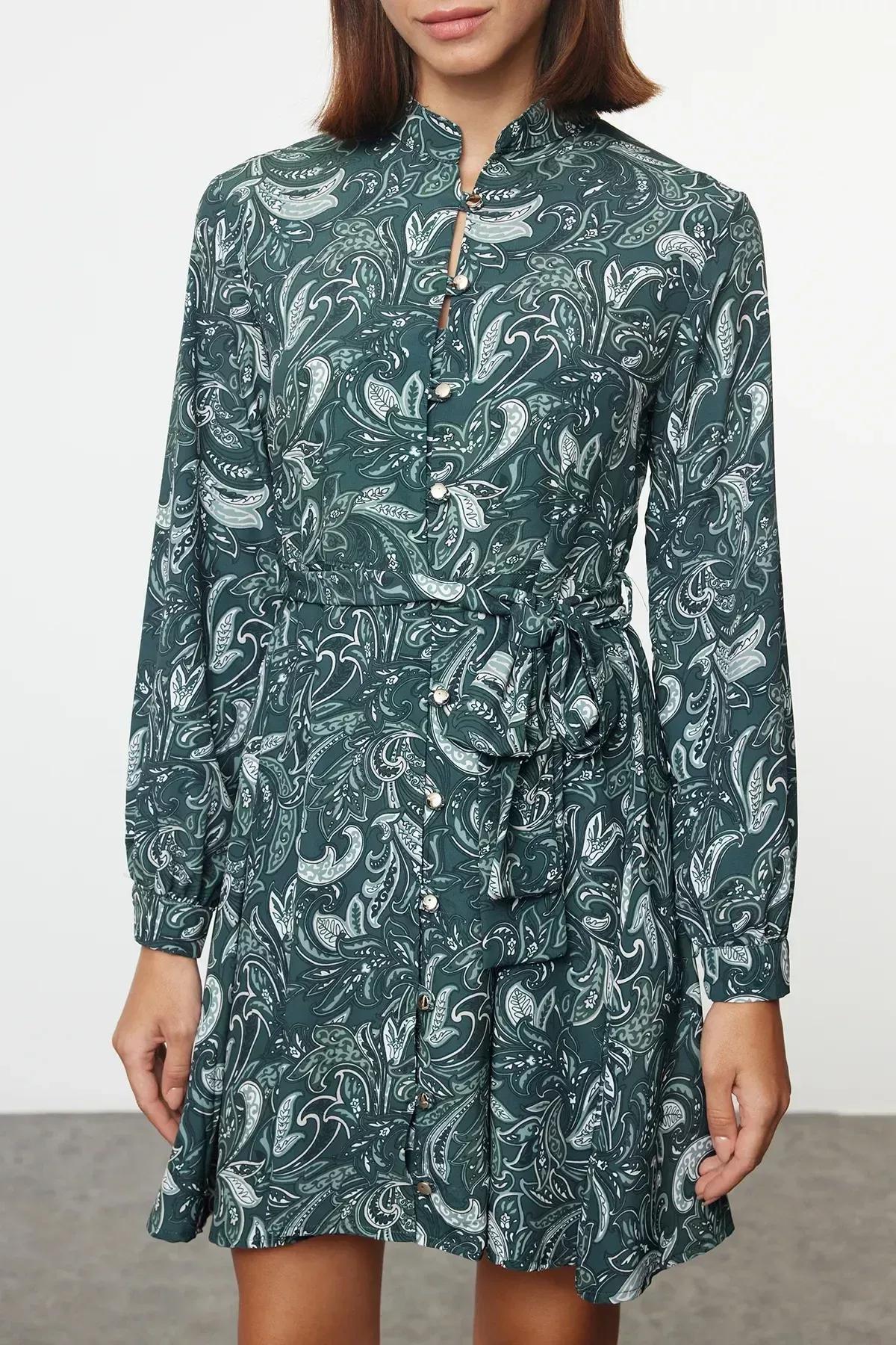 Green Belted Pattern Lined Mini Shirt Dress, Green, large image number 2