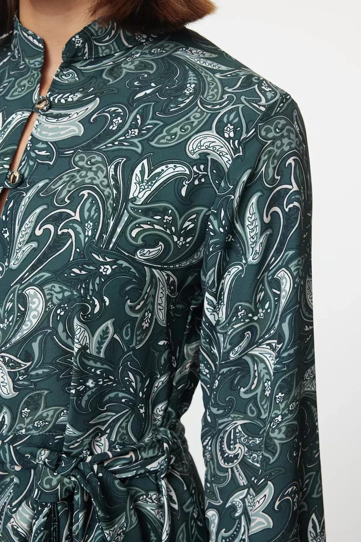 Green Belted Pattern Lined Mini Shirt Dress, Green, large image number 3