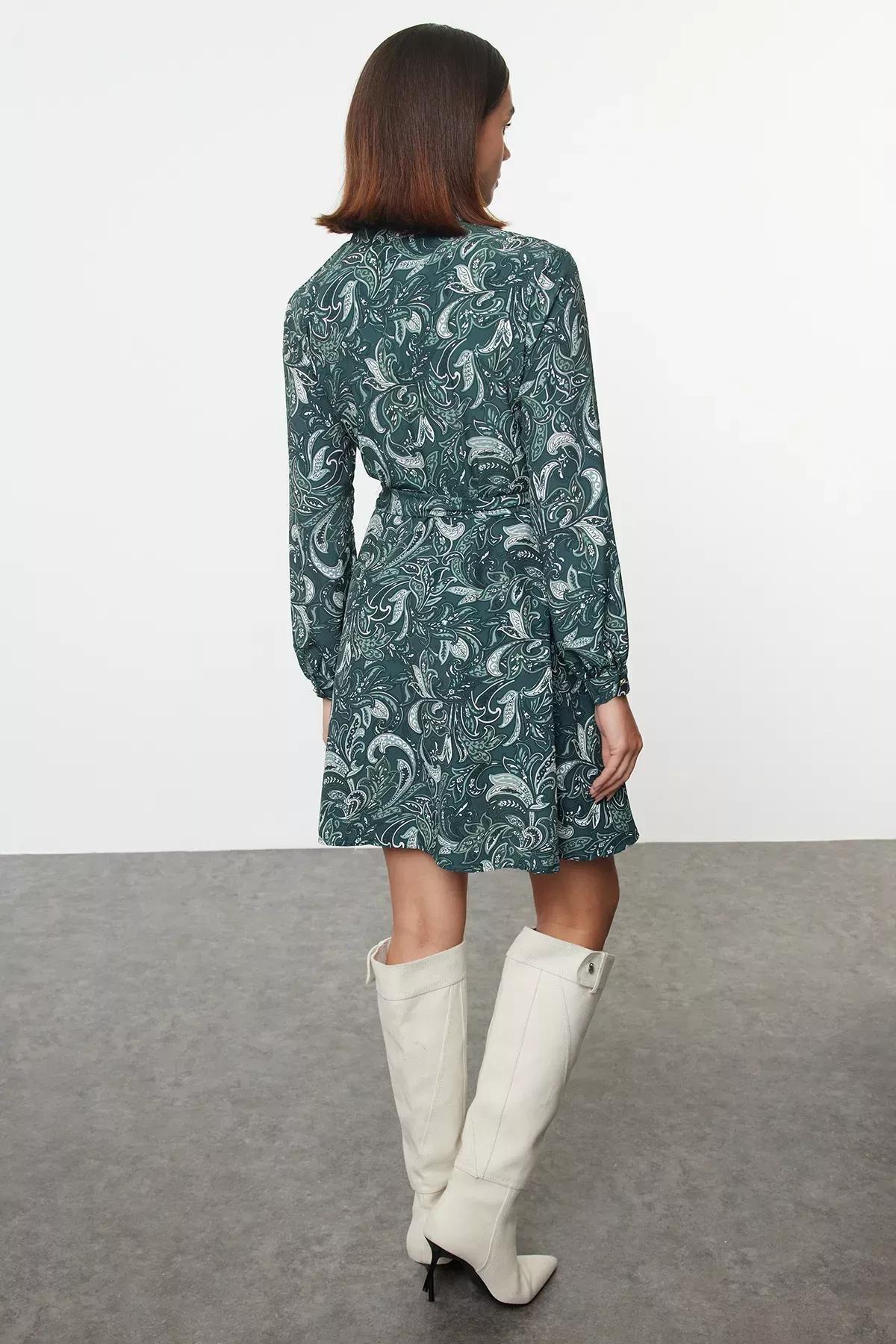 Green Belted Pattern Lined Mini Shirt Dress, Green, large image number 4