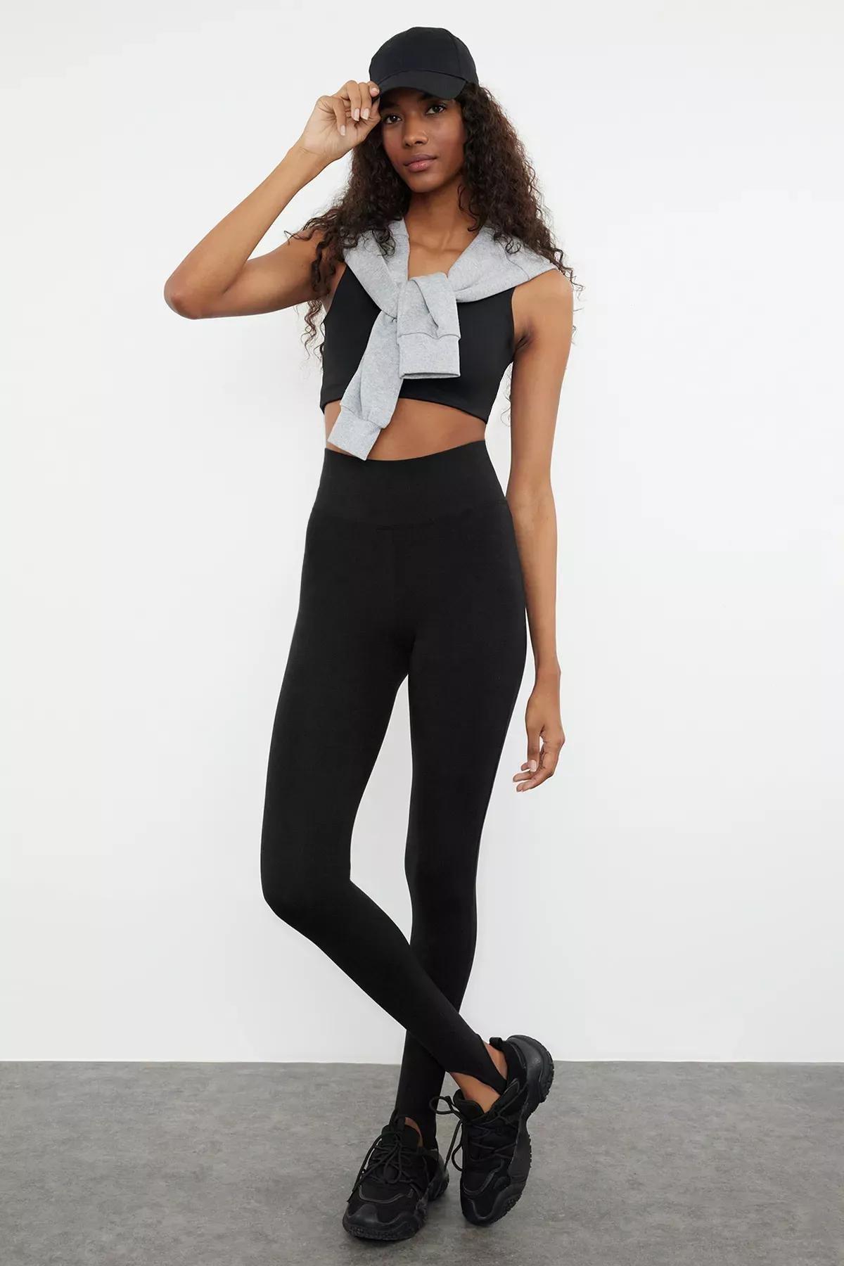 Black Brushed Knitted Sports Tights, BLACK, medium