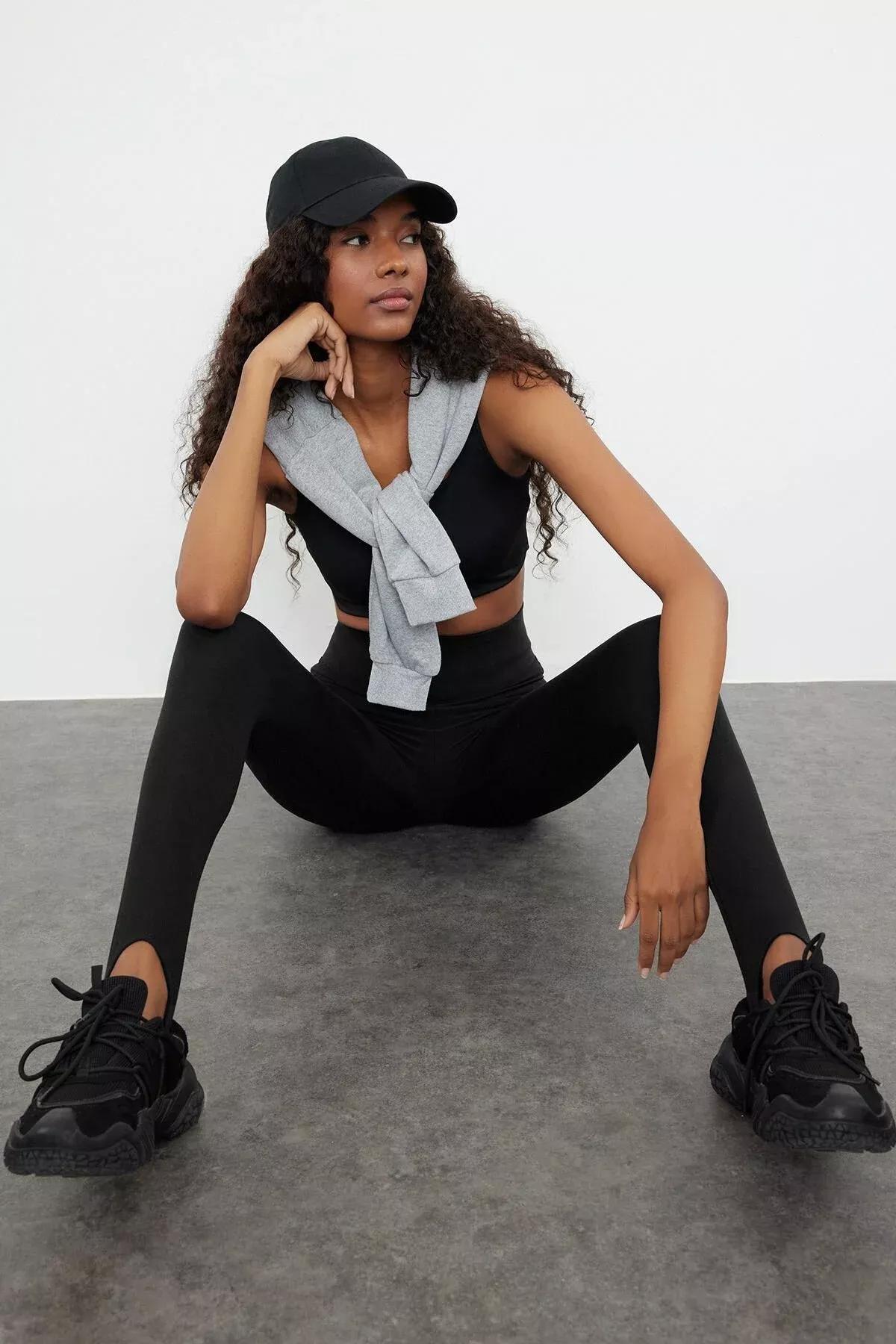 Black Brushed Knitted Sports Tights, BLACK, large image number 2