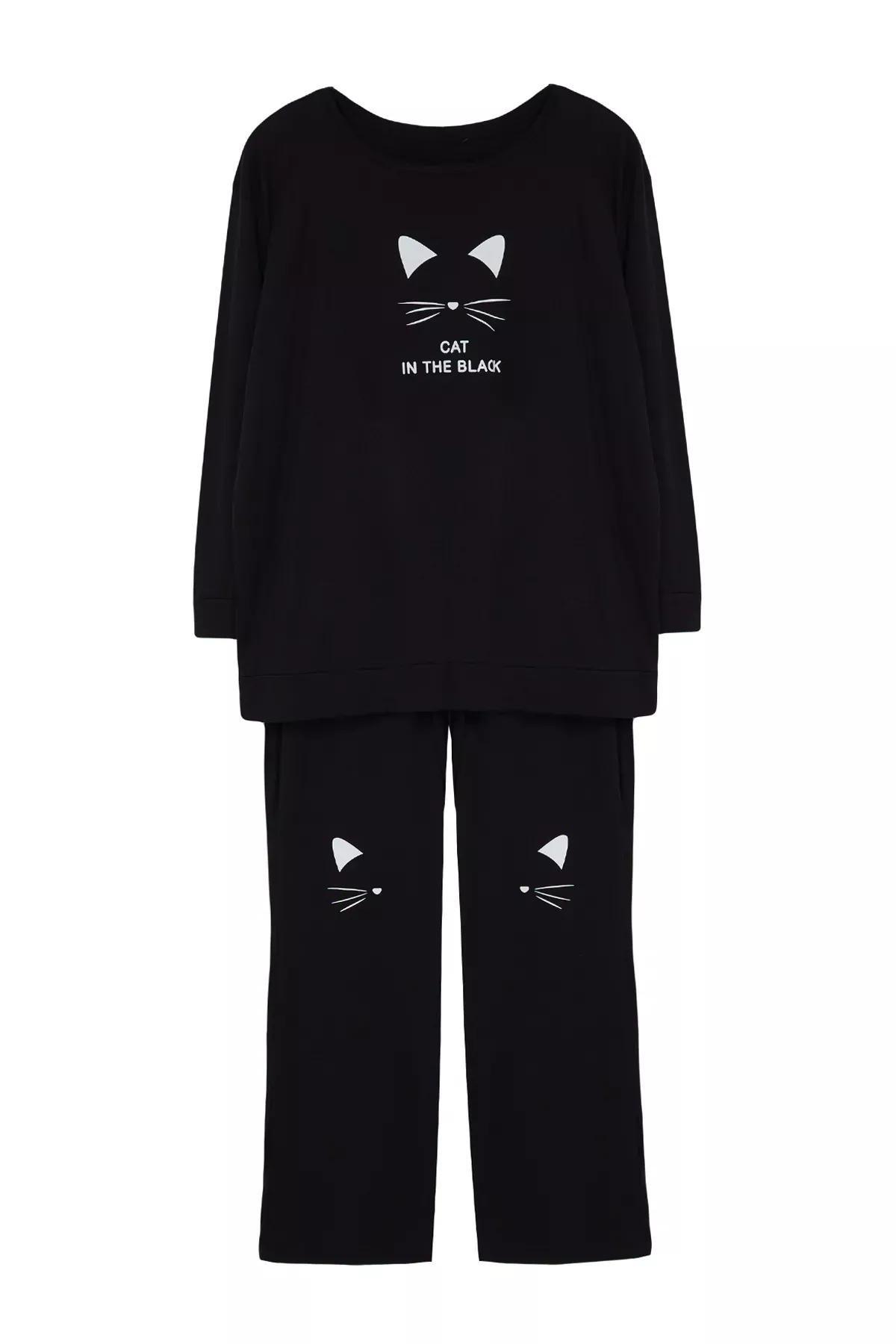 Black Cat Printed Pyjama Set, BLACK, large image number 0