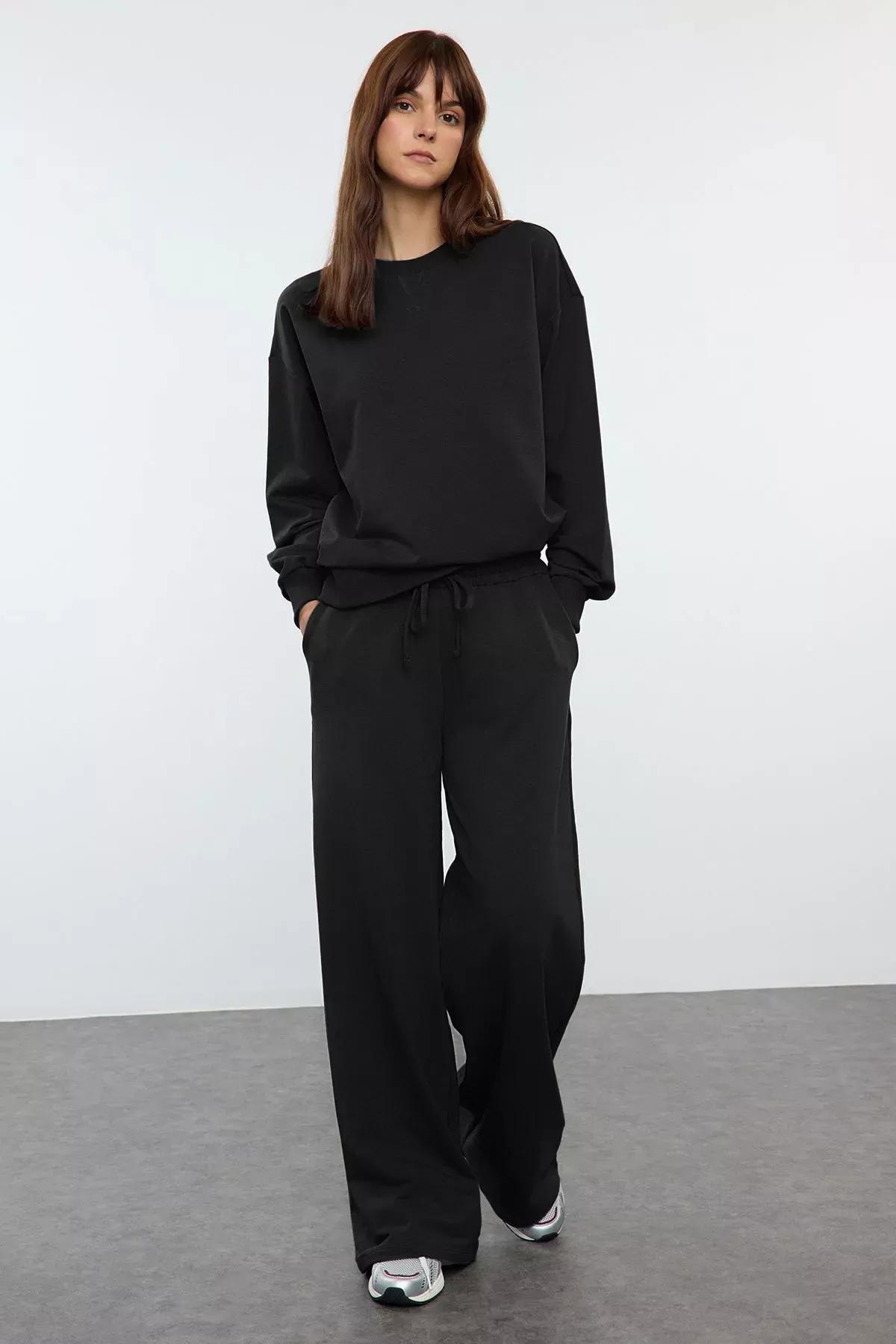 Black Wide Leg Tracksuit Set of 2, BLACK, medium