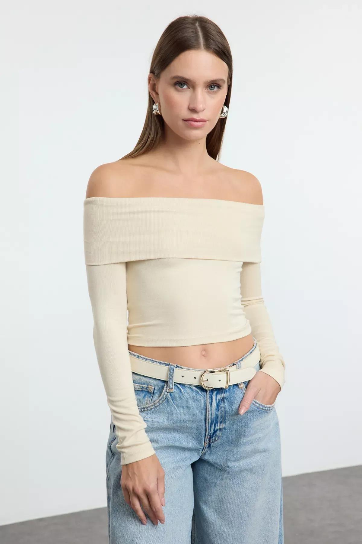 Beige Carmen Collar Crop Knitted Blouse, STONE, large image number 0