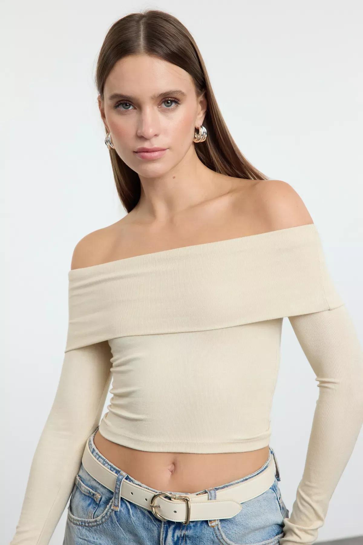 Beige Carmen Collar Crop Knitted Blouse, STONE, large image number 1