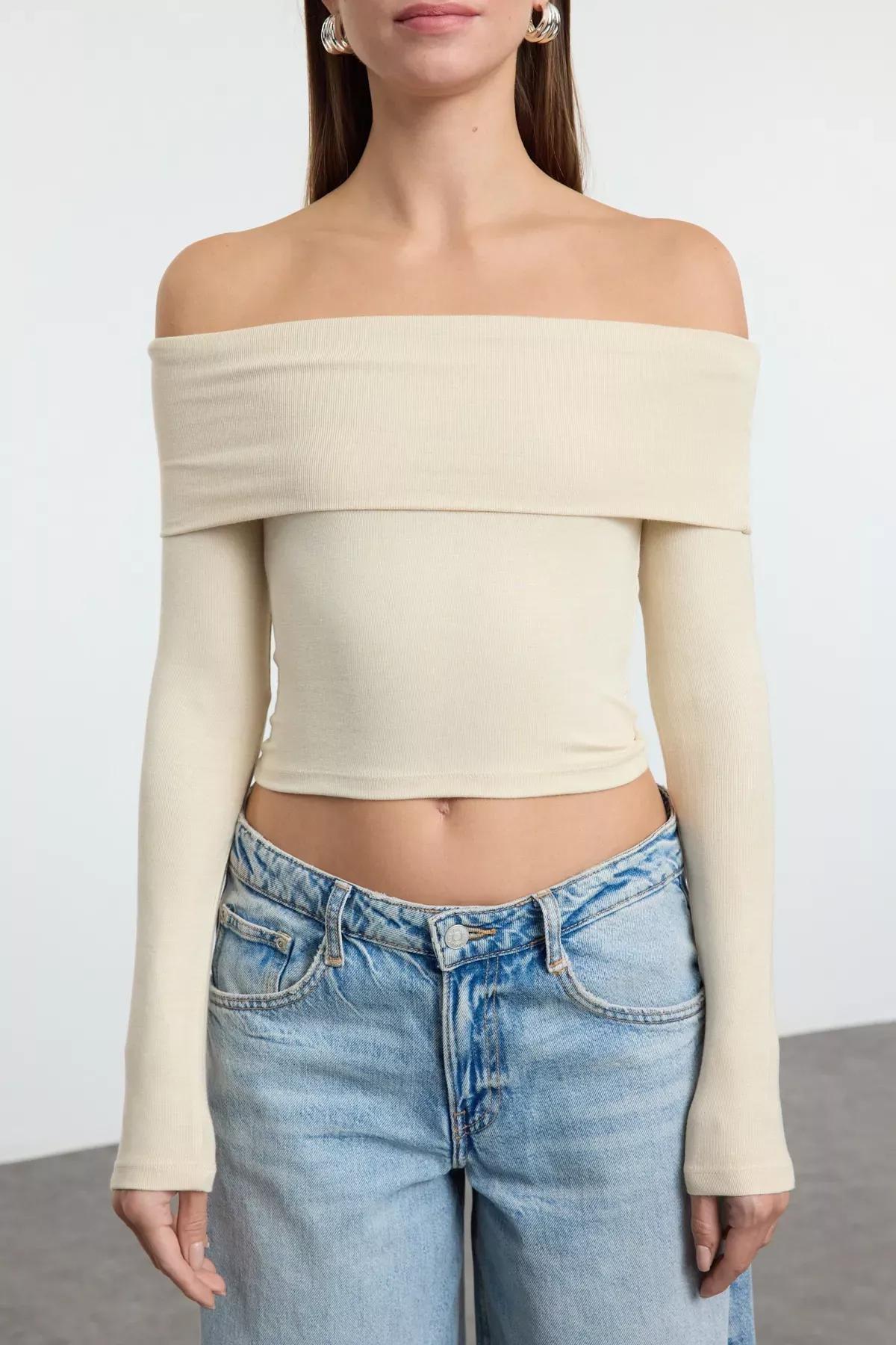 Beige Carmen Collar Crop Knitted Blouse, STONE, large image number 2
