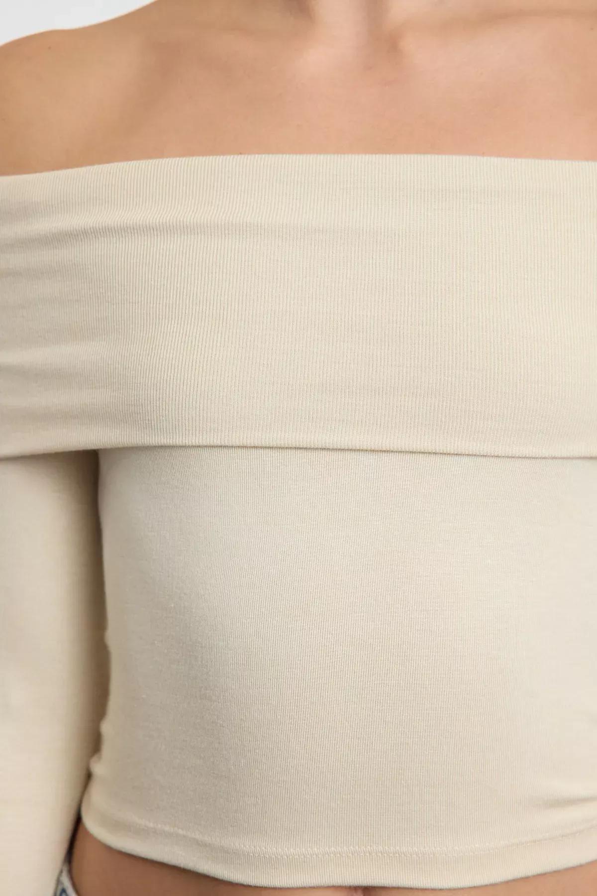 Beige Carmen Collar Crop Knitted Blouse, STONE, large image number 3