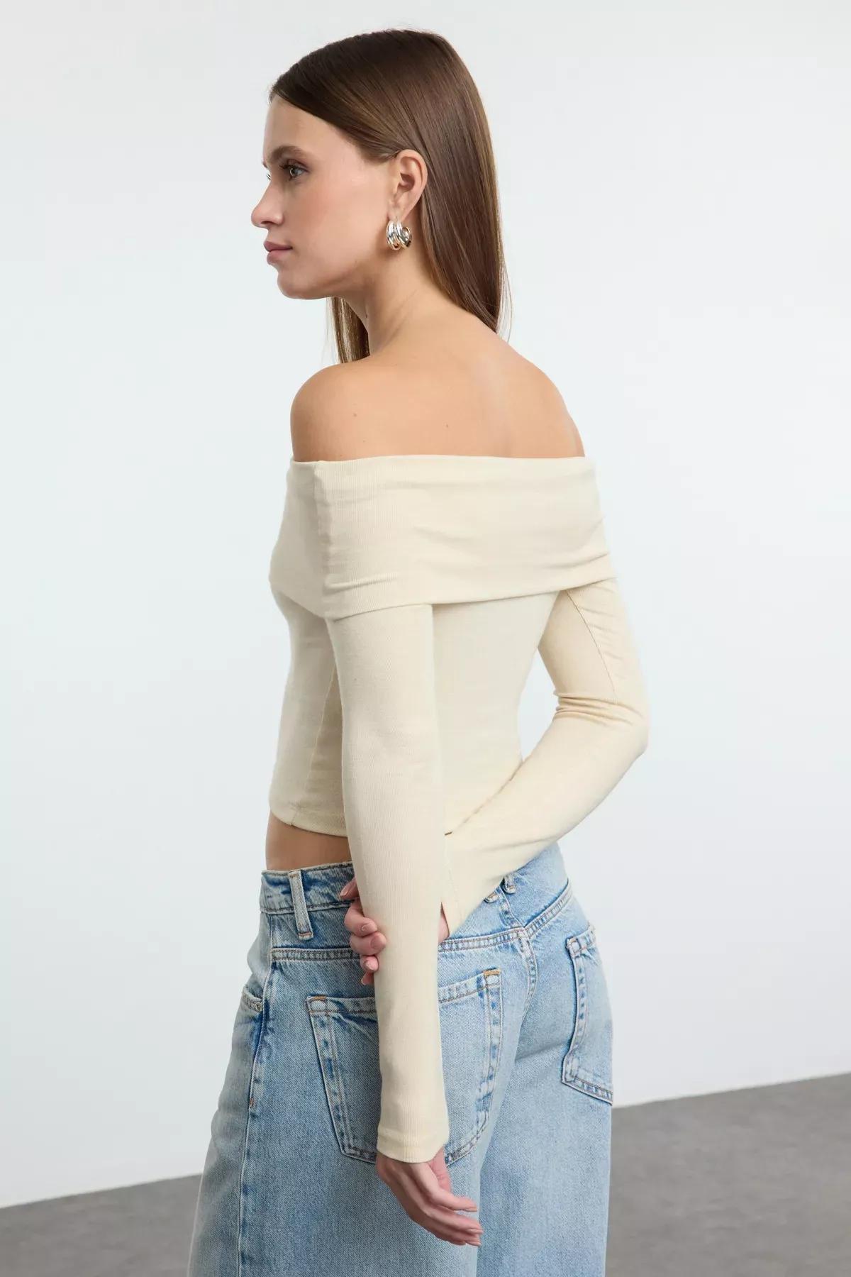 Beige Carmen Collar Crop Knitted Blouse, STONE, large image number 4