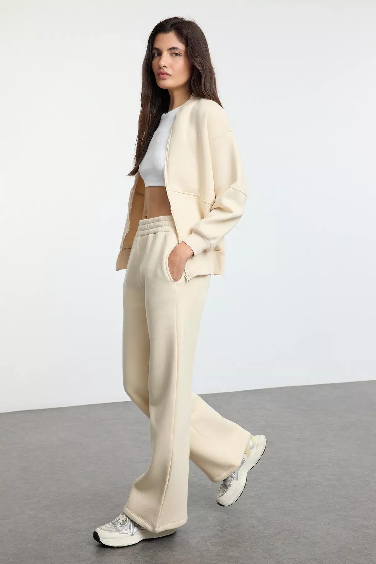 Beige Zippered Fleece Tracksuit, STONE, medium