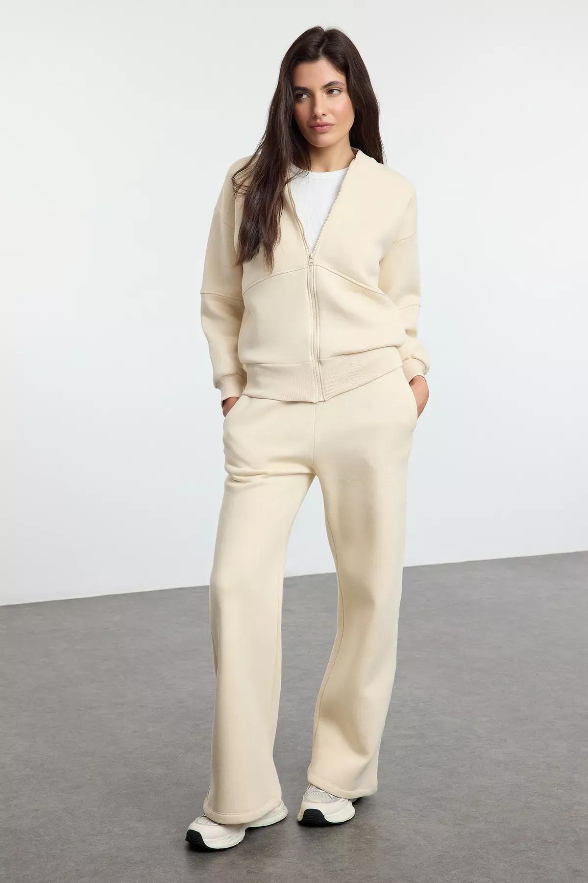 Beige Zippered Fleece Tracksuit, STONE, medium