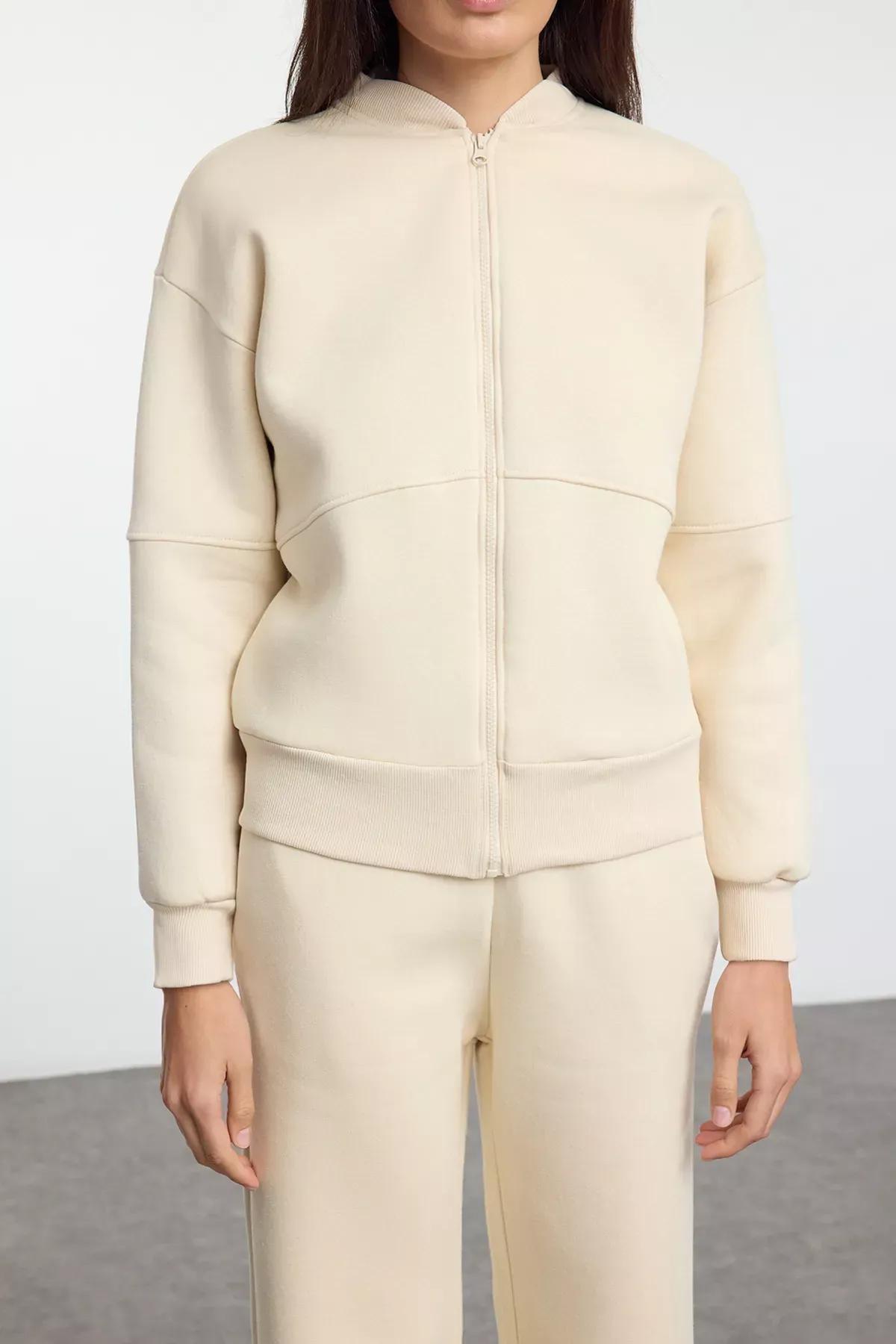 Beige Zippered Fleece Tracksuit, STONE, large image number 2