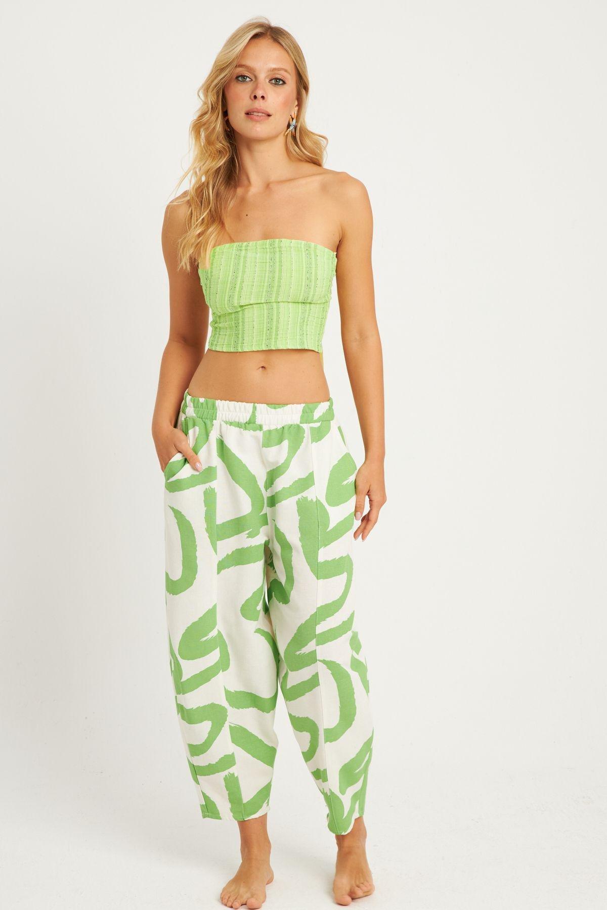 Womens Ecru-Green Patterned Linen Shalwar Trousers K1253, Single item, , large image number 2