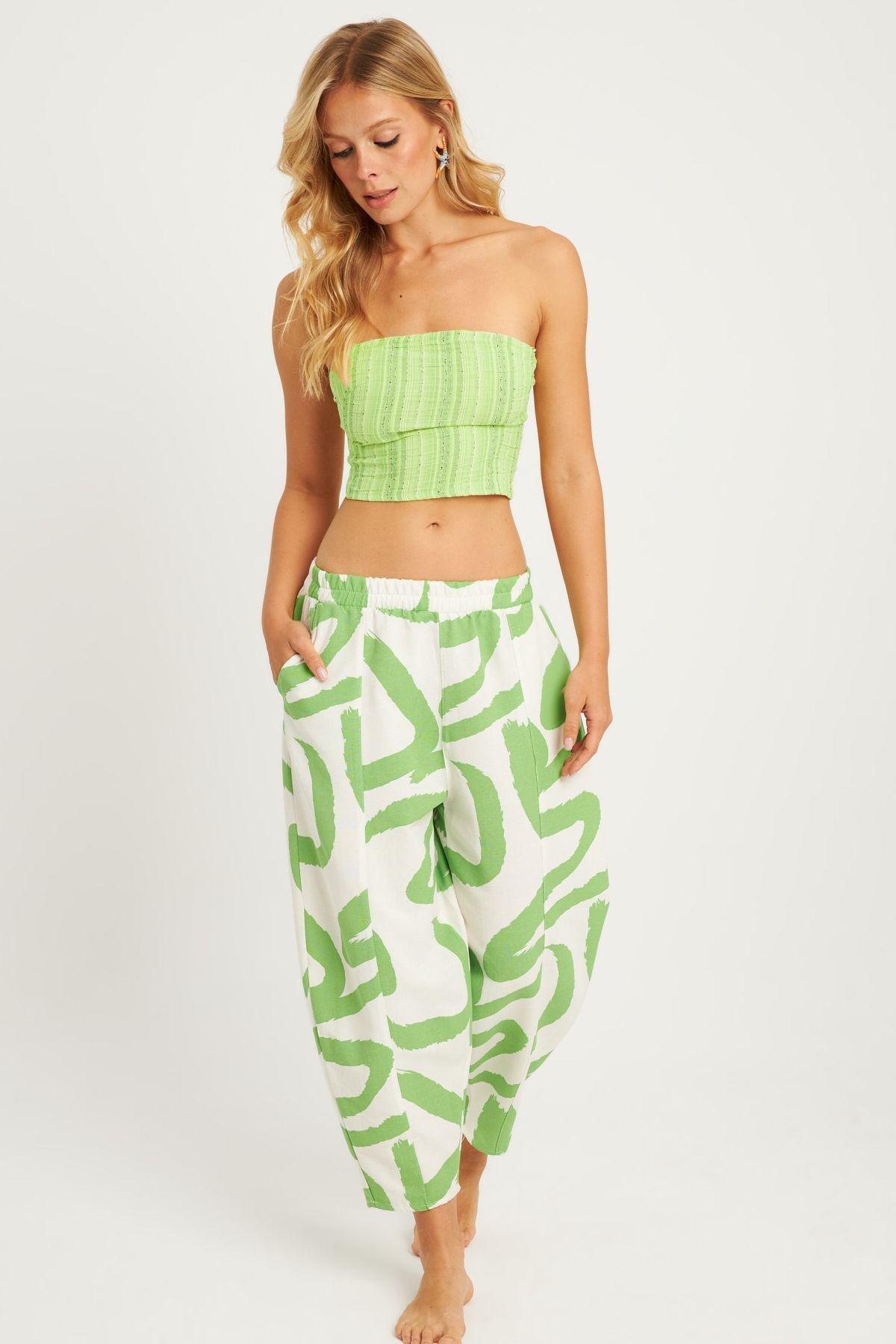 Womens Ecru-Green Patterned Linen Shalwar Trousers K1253, Single item, , large image number 3