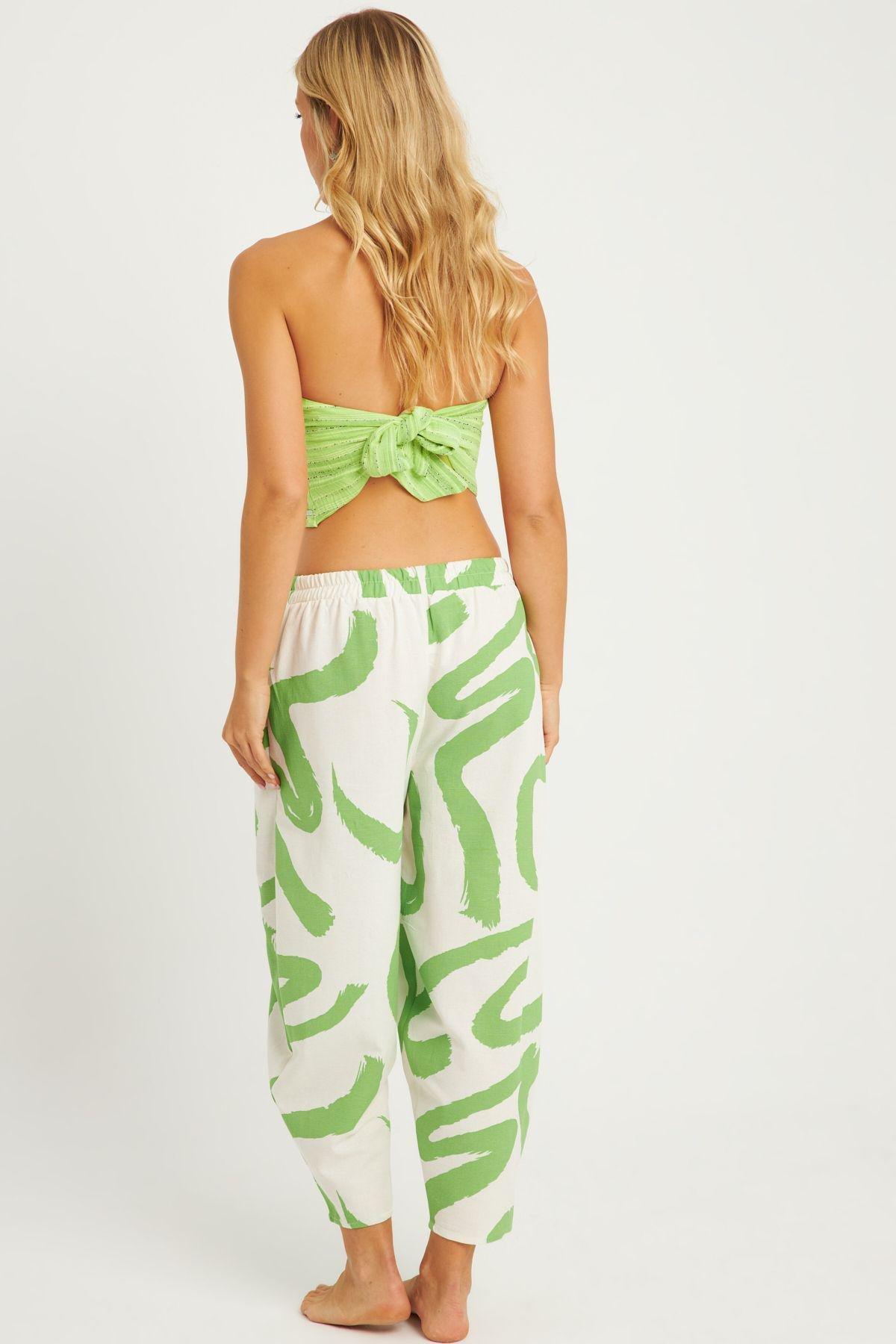 Womens Ecru-Green Patterned Linen Shalwar Trousers K1253, Single item, , large image number 4