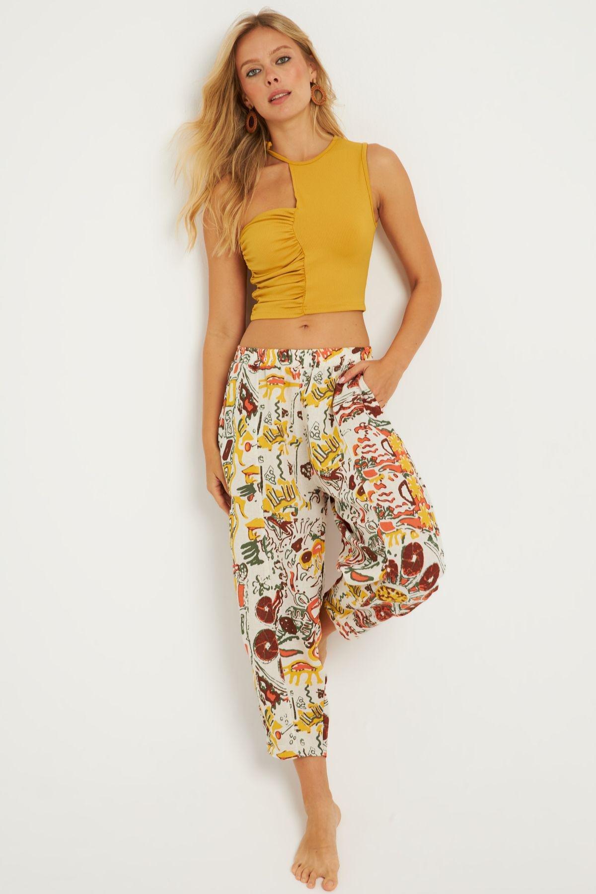 Multicolour Patterned Linen Trousers, MULTI, large image number 0
