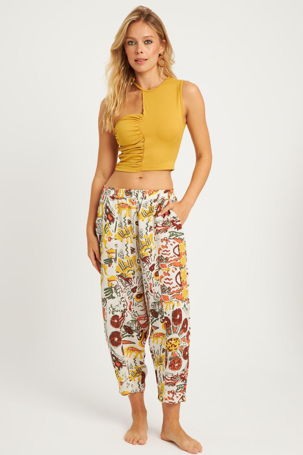 Multicolour Patterned Linen Trousers, MULTI, large image number 1