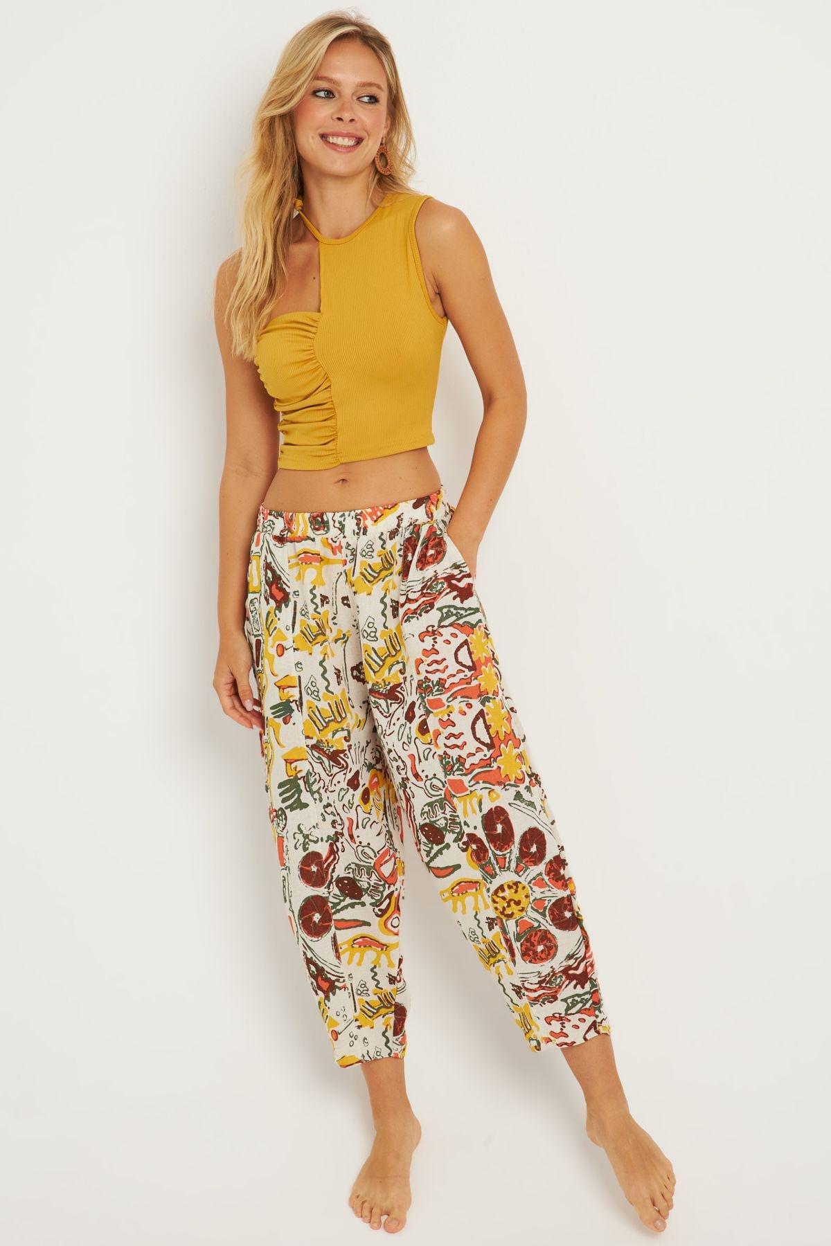 Multicolour Patterned Linen Trousers, MULTI, large image number 2