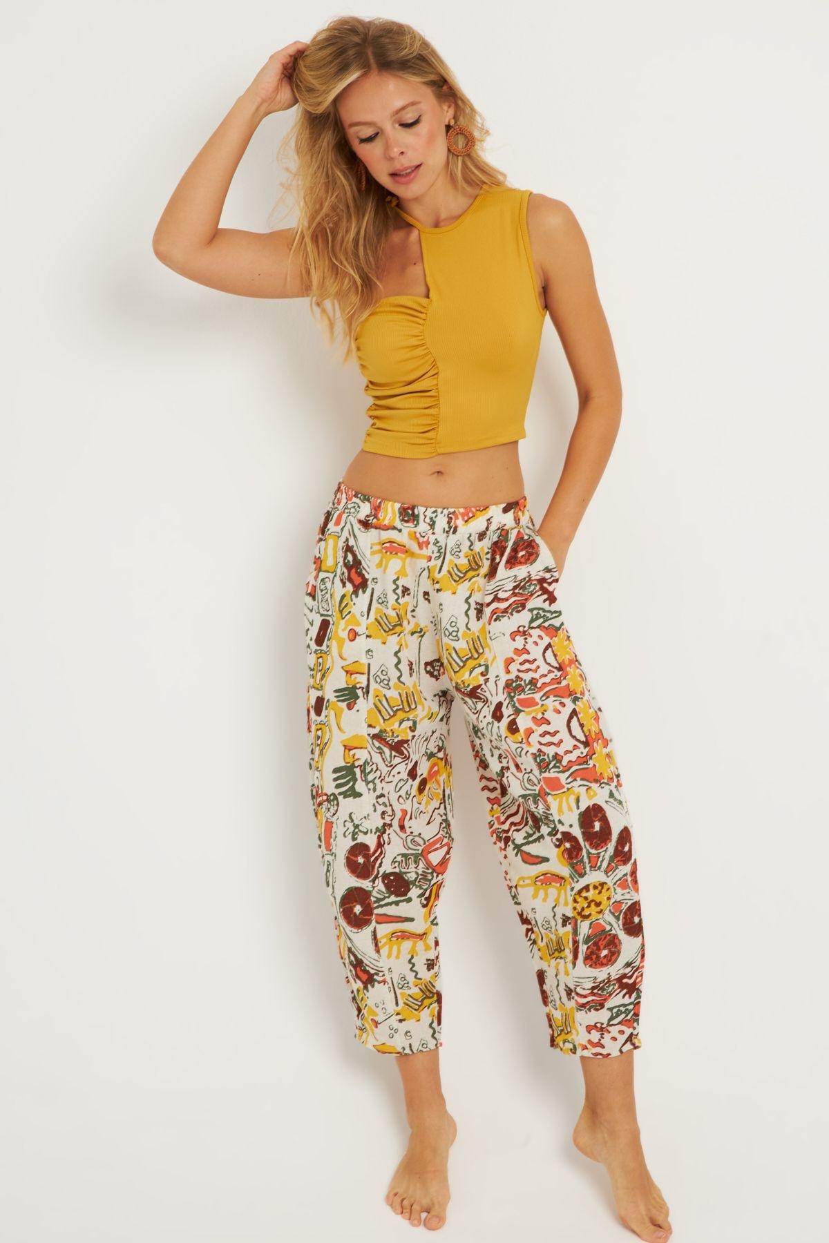 Multicolour Patterned Linen Trousers, MULTI, large image number 3