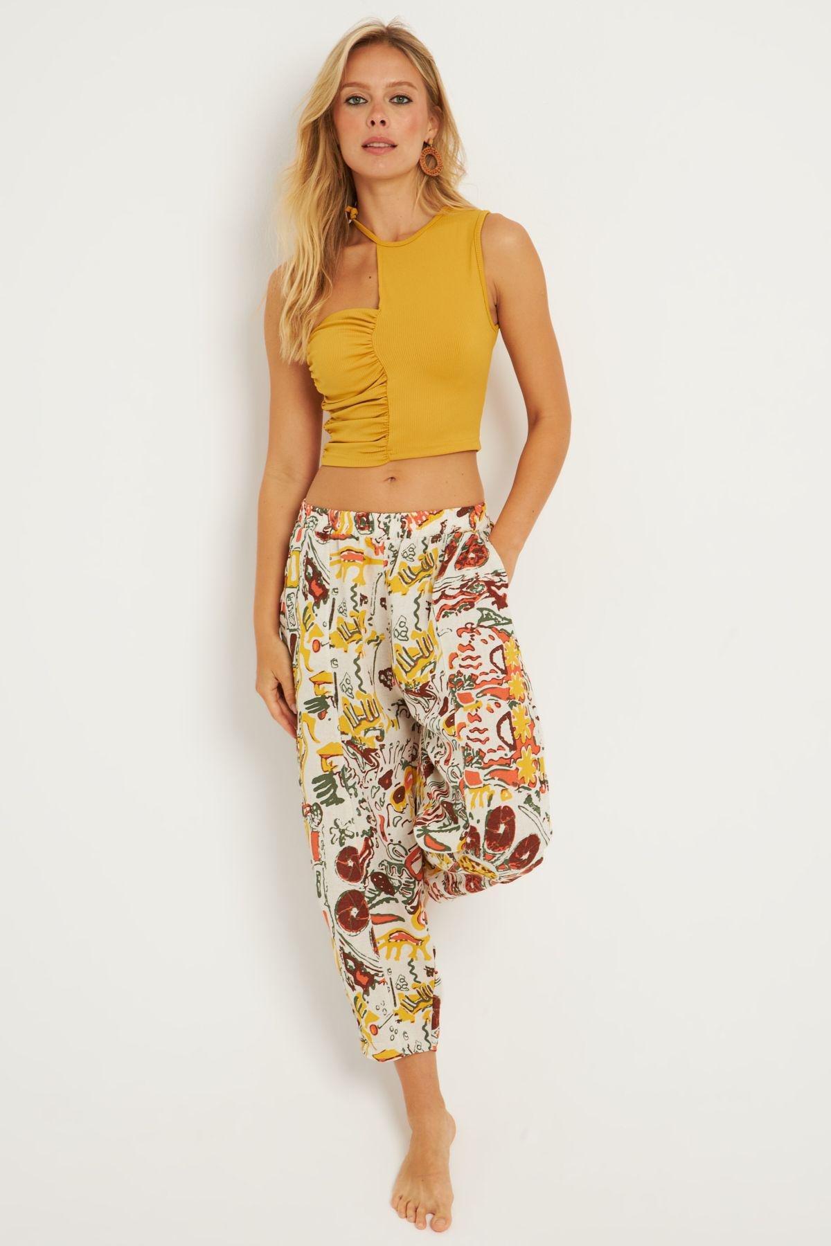 Multicolour Patterned Linen Trousers, MULTI, large image number 4