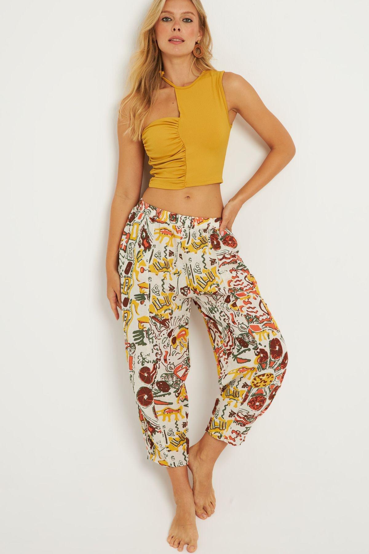 Multicolour Patterned Linen Trousers, MULTI, large image number 5