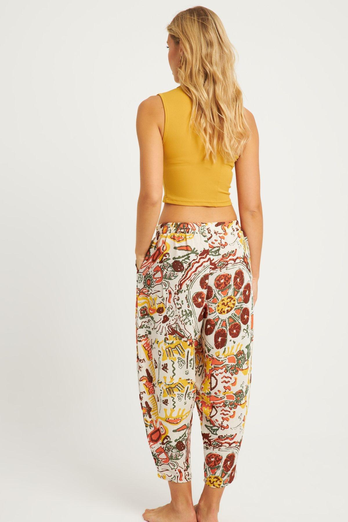 Multicolour Patterned Linen Trousers, MULTI, large image number 6