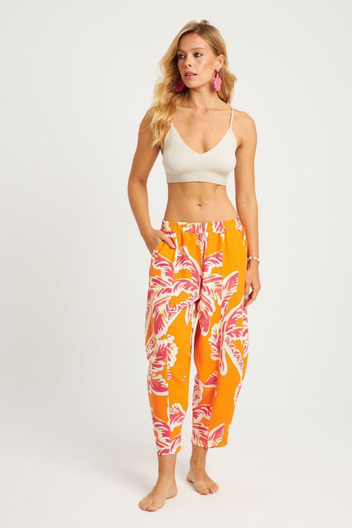 Womens Orange Patterned Linen Shalwar Trousers K1253, Single item, , large image number 4