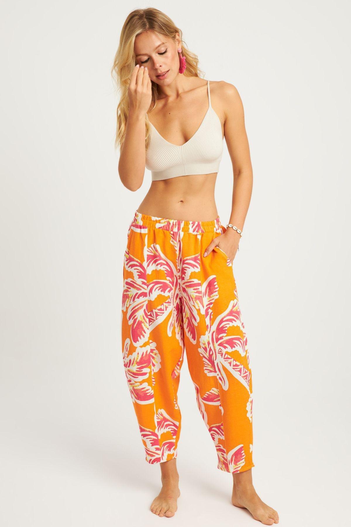 Womens Orange Patterned Linen Shalwar Trousers K1253, Single item, , large image number 6
