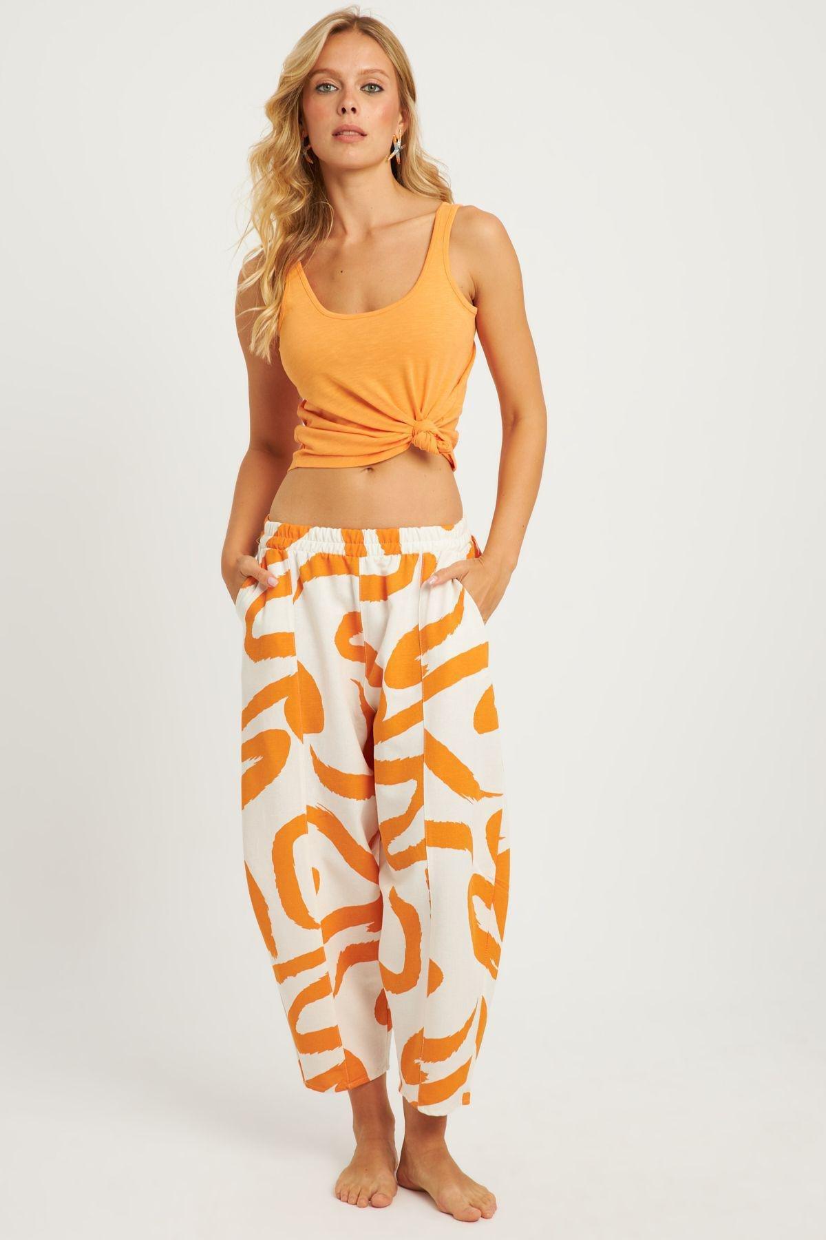 Womens Ecru-Orange Patterned Linen Shalwar Trousers K1253, Single item, , large image number 1