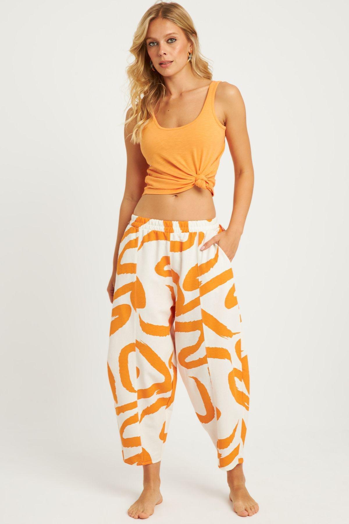Womens Ecru-Orange Patterned Linen Shalwar Trousers K1253, Single item, , large image number 2