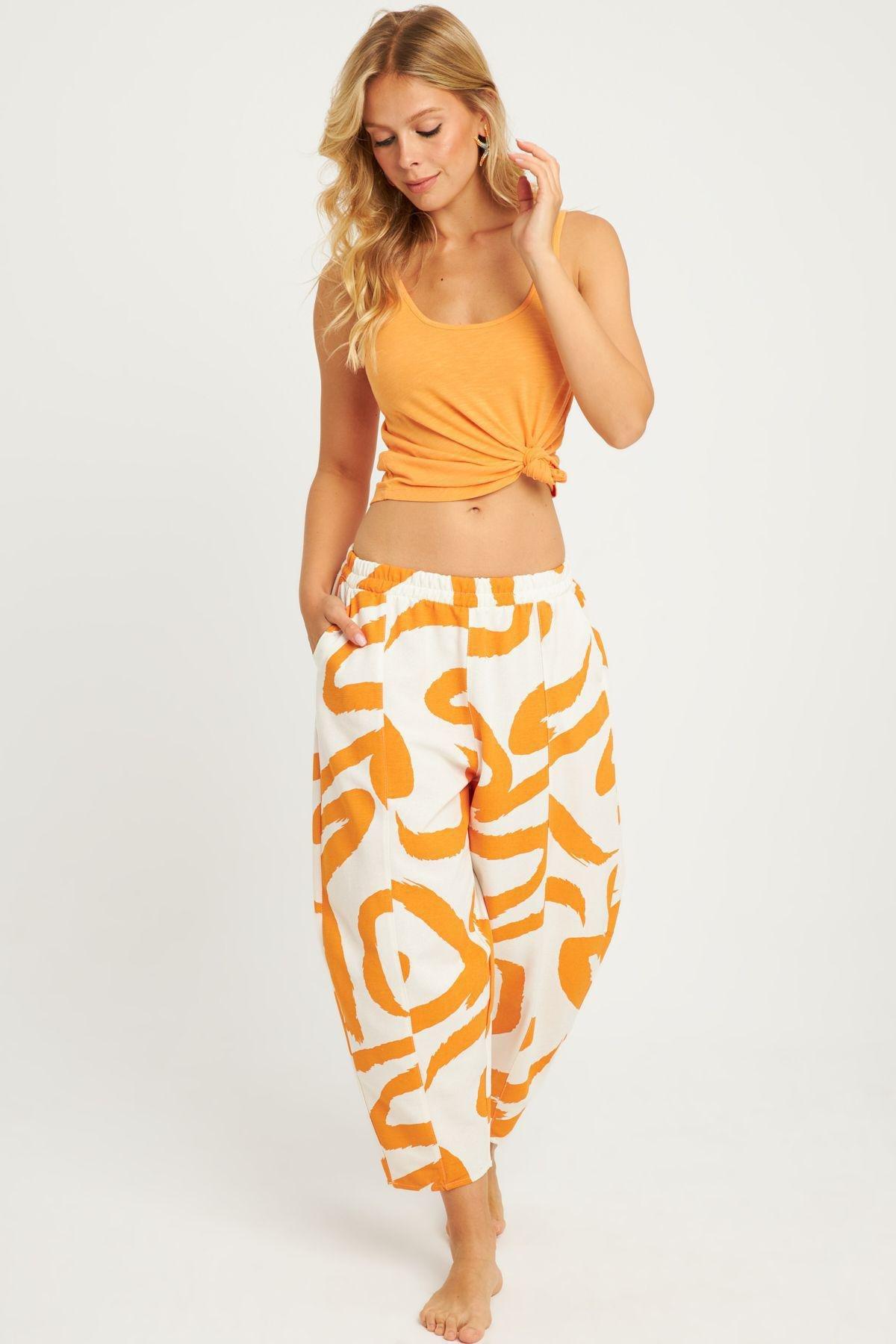 Womens Ecru-Orange Patterned Linen Shalwar Trousers K1253, Single item, , large image number 3