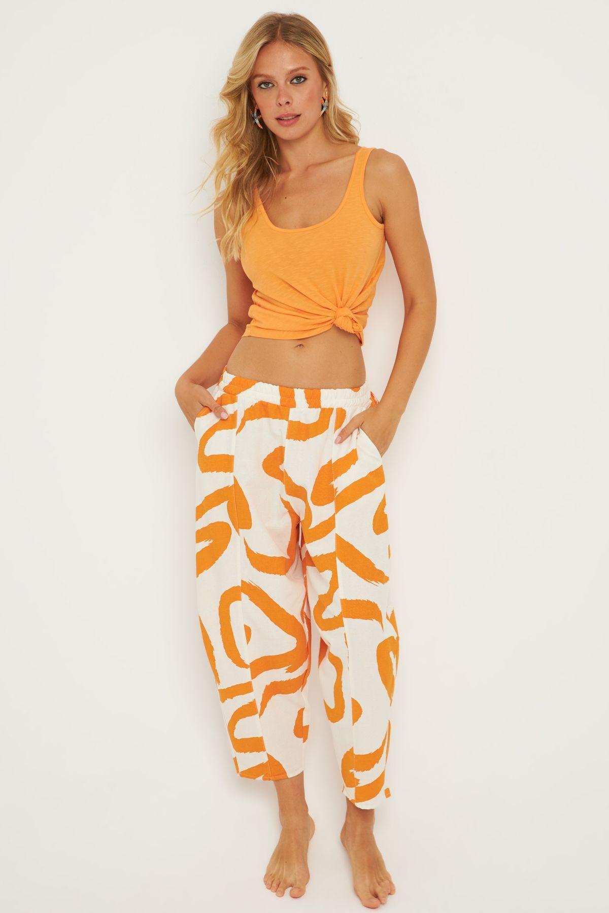 Womens Ecru-Orange Patterned Linen Shalwar Trousers K1253, Single item, , large image number 4