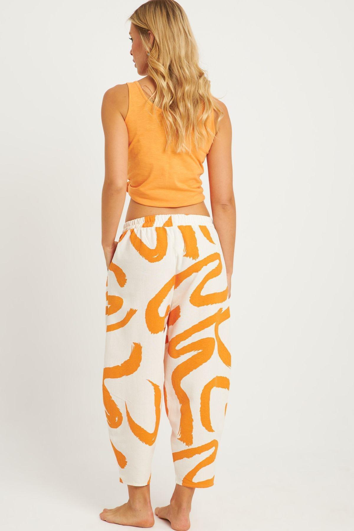 Womens Ecru-Orange Patterned Linen Shalwar Trousers K1253, Single item, , large image number 5