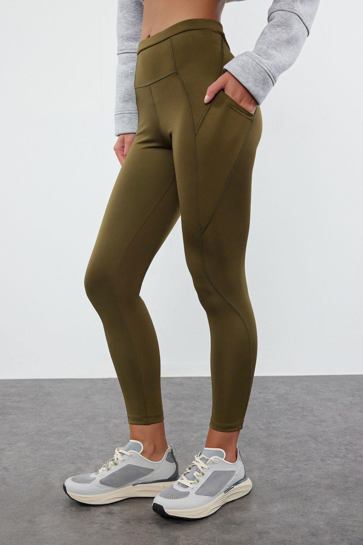 Dark Khaki Full Length Knitted Sports Tights with Pocket Detail THMAW25TY00007, , large image number 1