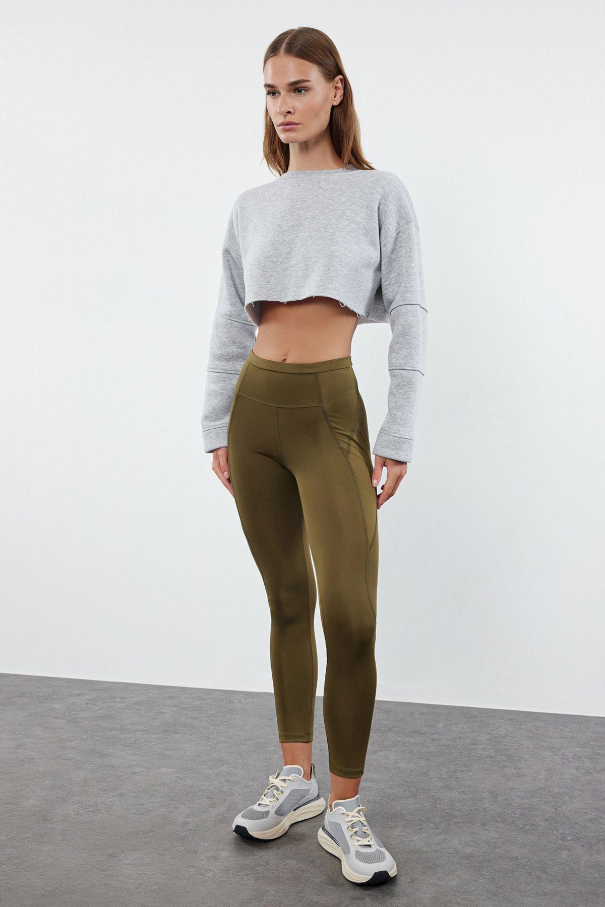 Dark Khaki Full Length Knitted Sports Tights with Pocket Detail THMAW25TY00007, , large image number 2