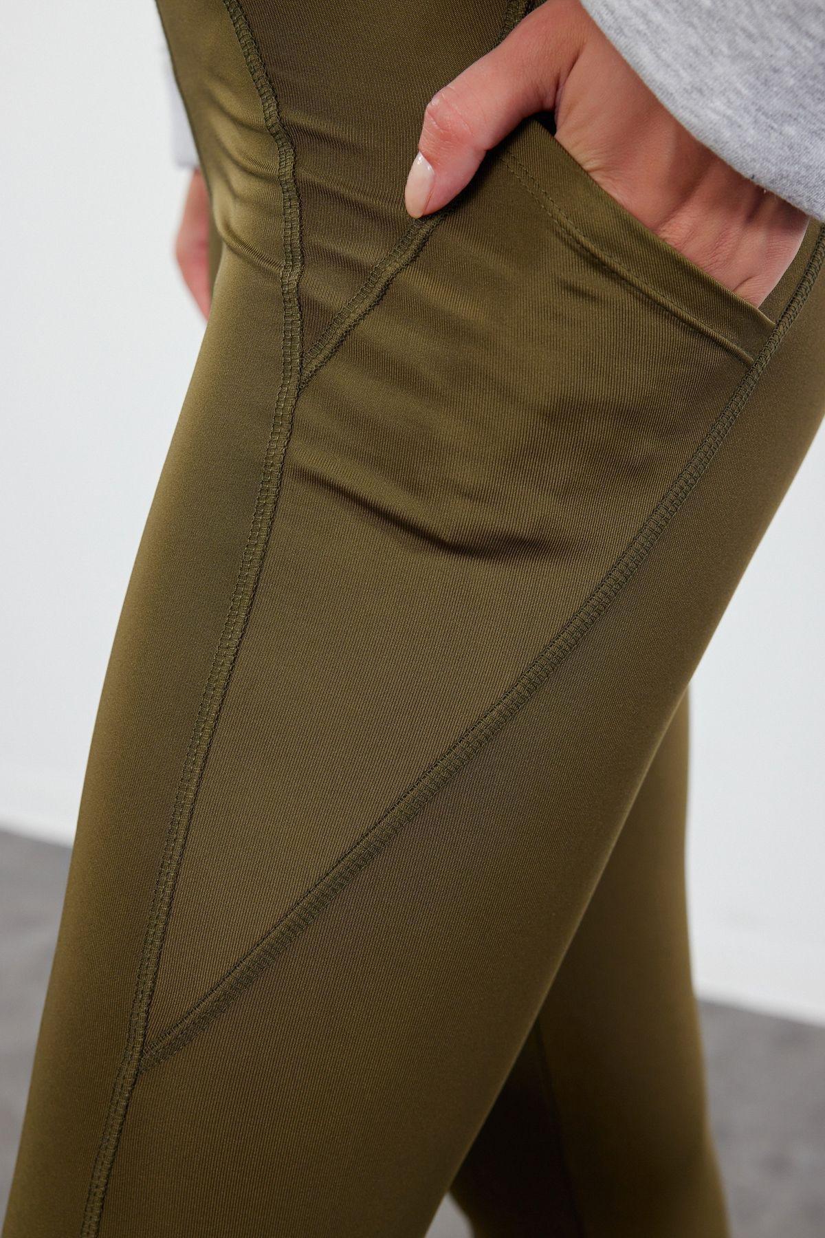 Dark Khaki Full Length Knitted Sports Tights with Pocket Detail THMAW25TY00007, , large image number 3