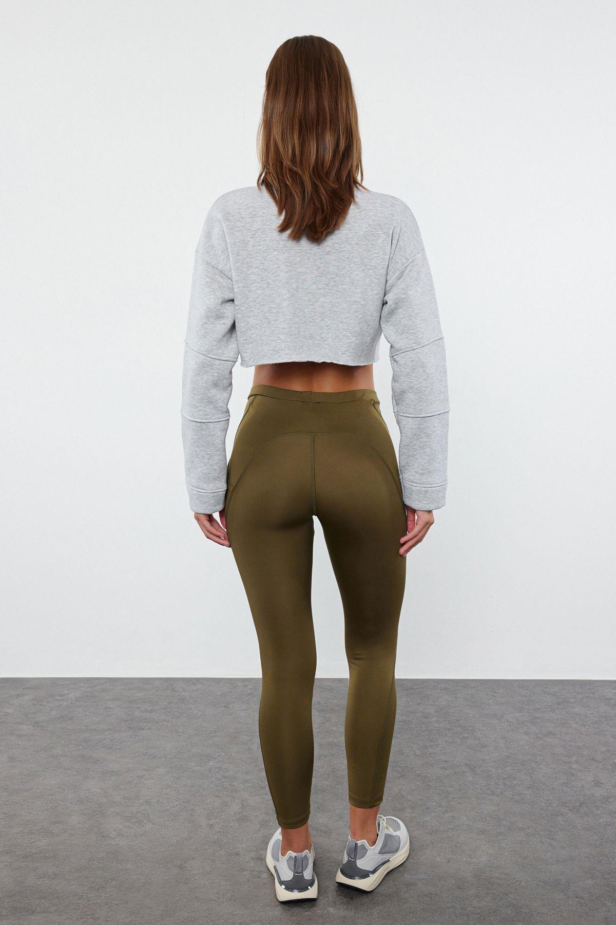 Dark Khaki Full Length Knitted Sports Tights with Pocket Detail THMAW25TY00007, , large image number 4