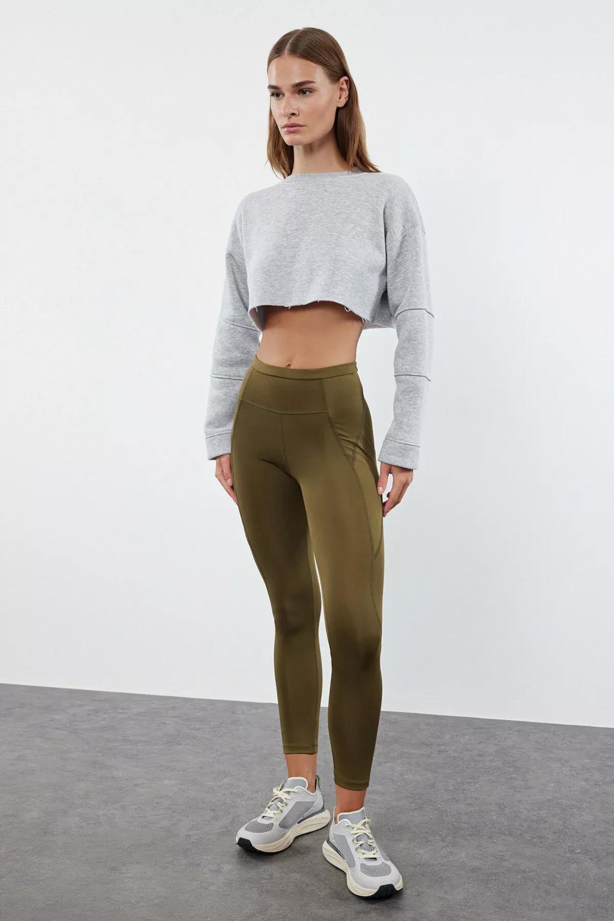 Green Knitted Sports Tights, Dark Khaki, large image number 5