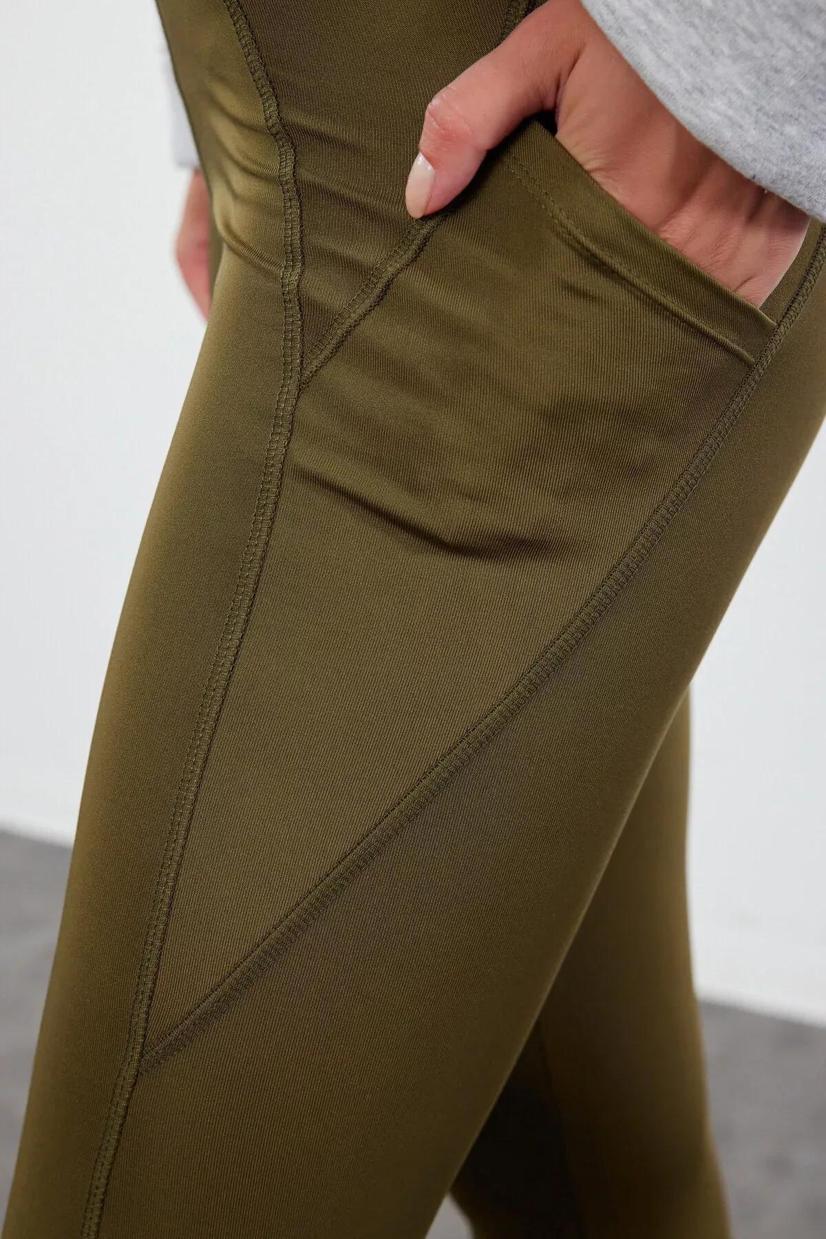 Green Knitted Sports Tights, Dark Khaki, large image number 6