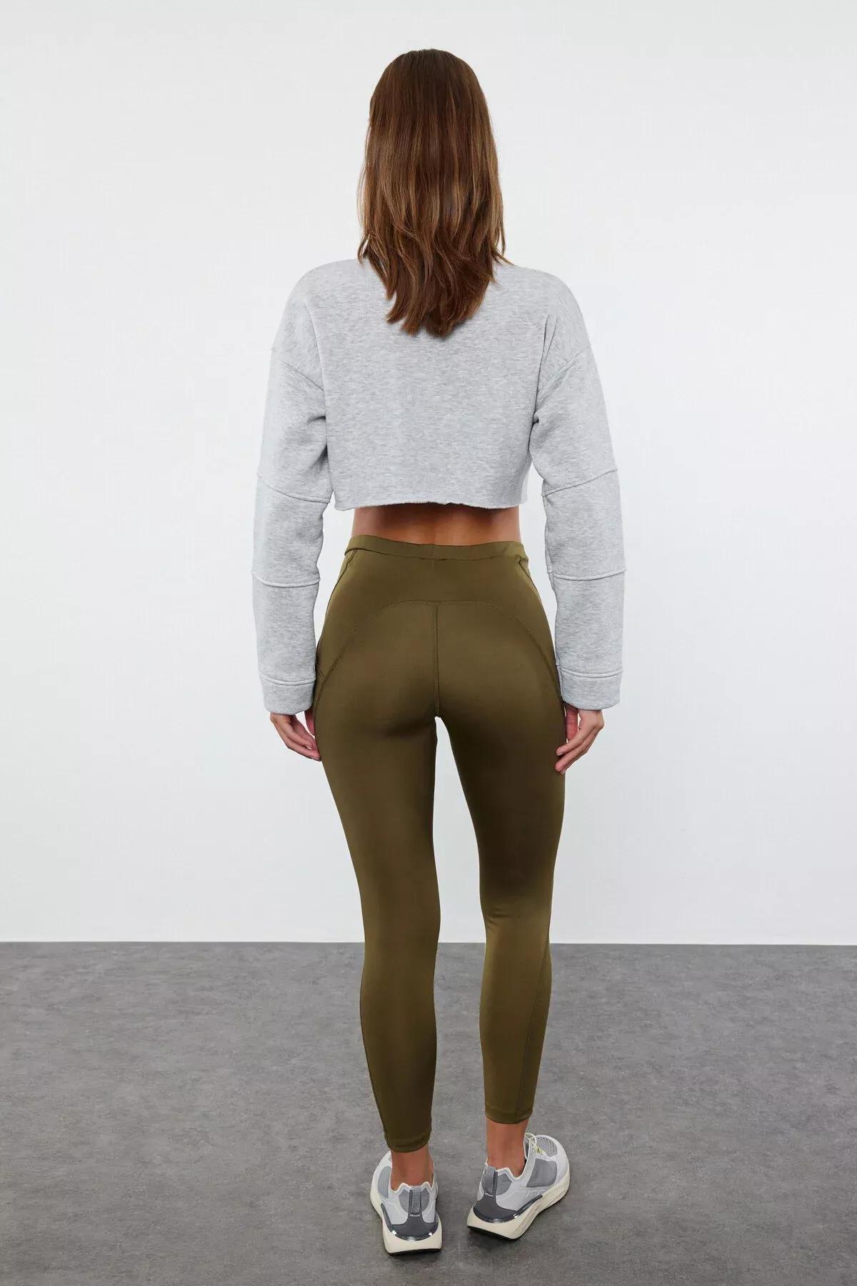 Green Knitted Sports Tights, Dark Khaki, large image number 7