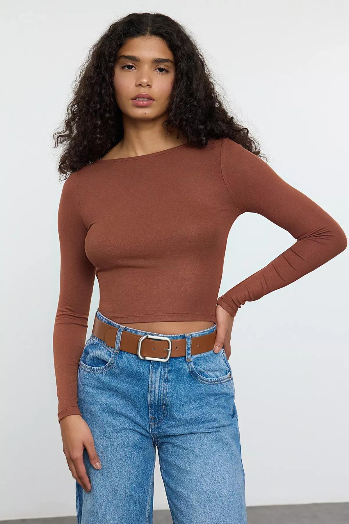 Brown Boat Neck Slim Fit Knitted Blouse, Brown, large image number 0