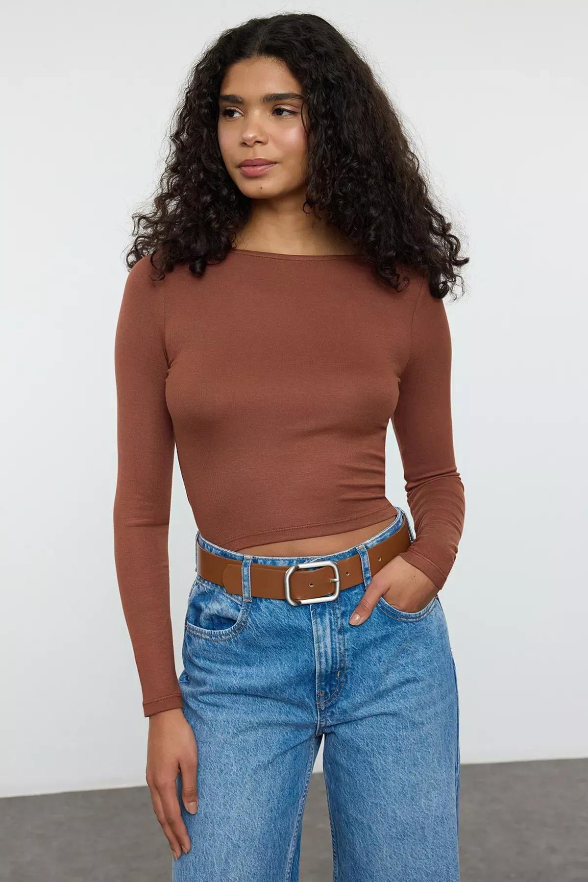 Brown Boat Neck Slim Fit Knitted Blouse, Brown, large image number 1