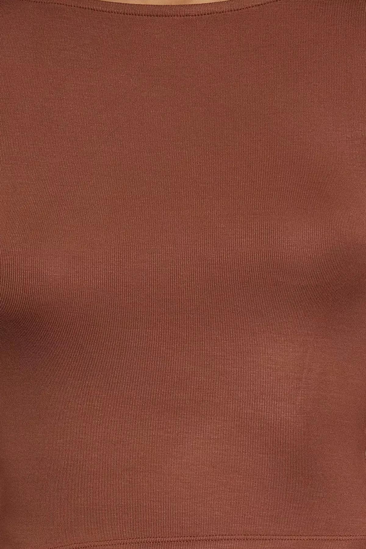 Brown Boat Neck Slim Fit Knitted Blouse, Brown, large image number 2