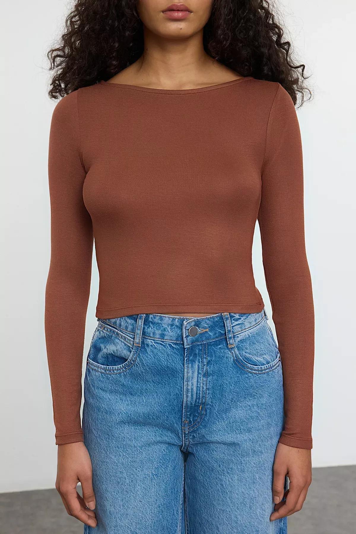 Brown Boat Neck Slim Fit Knitted Blouse, Brown, large image number 3