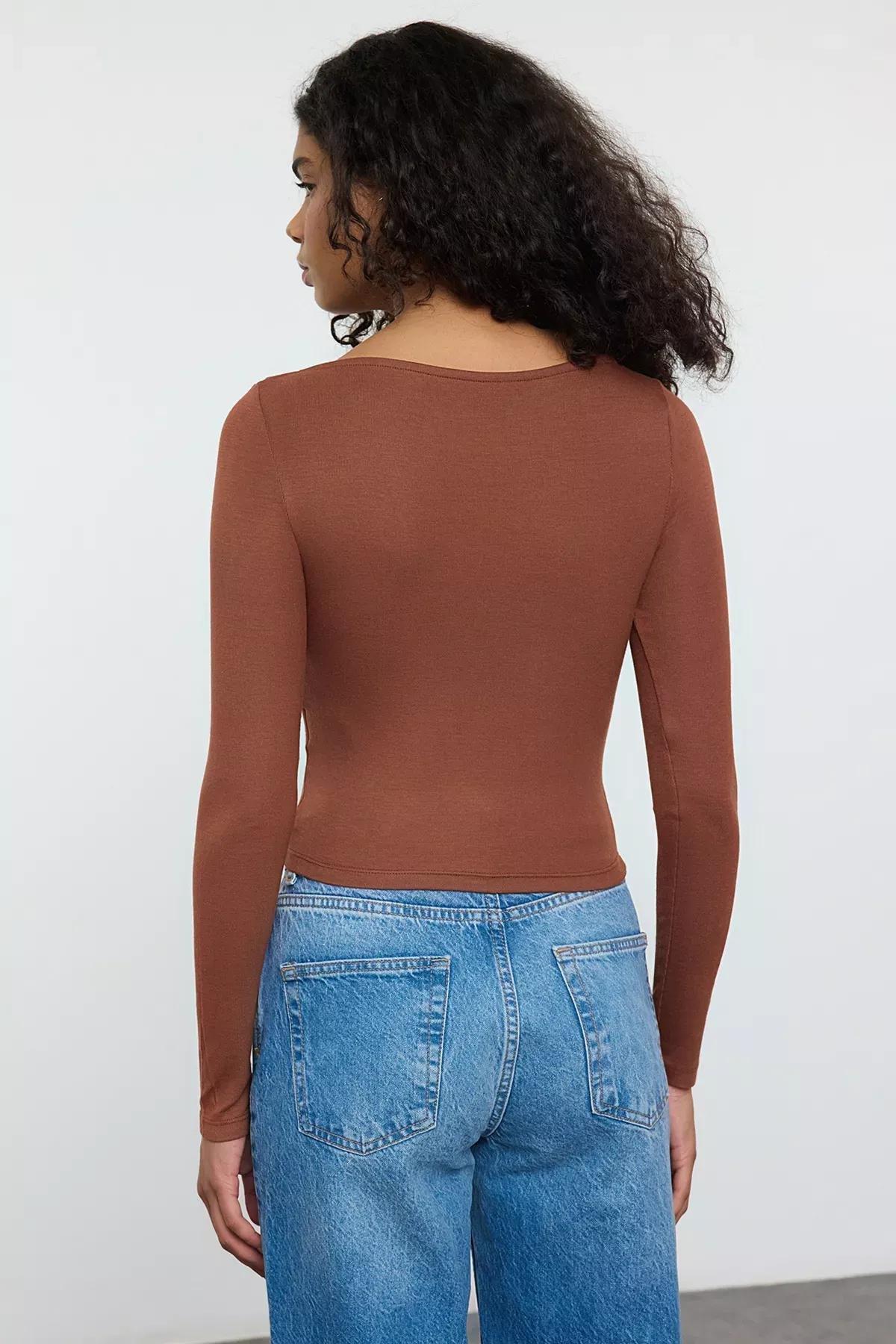 Brown Boat Neck Slim Fit Knitted Blouse, Brown, large image number 4
