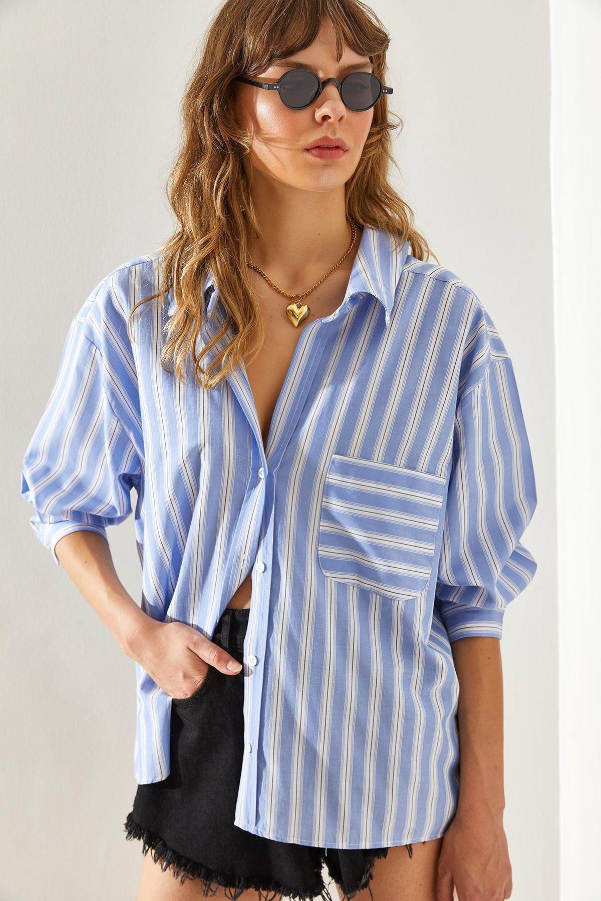 Blue V-Neck Oversize Striped Shirt, C101_1476, large image number 0