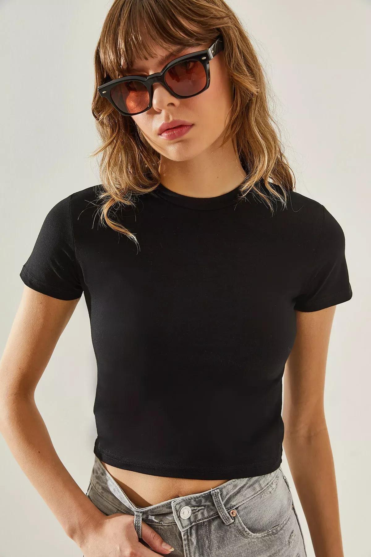 Womens Crew Neck Basic Crop T-Shirt 60251338, BLACK, medium