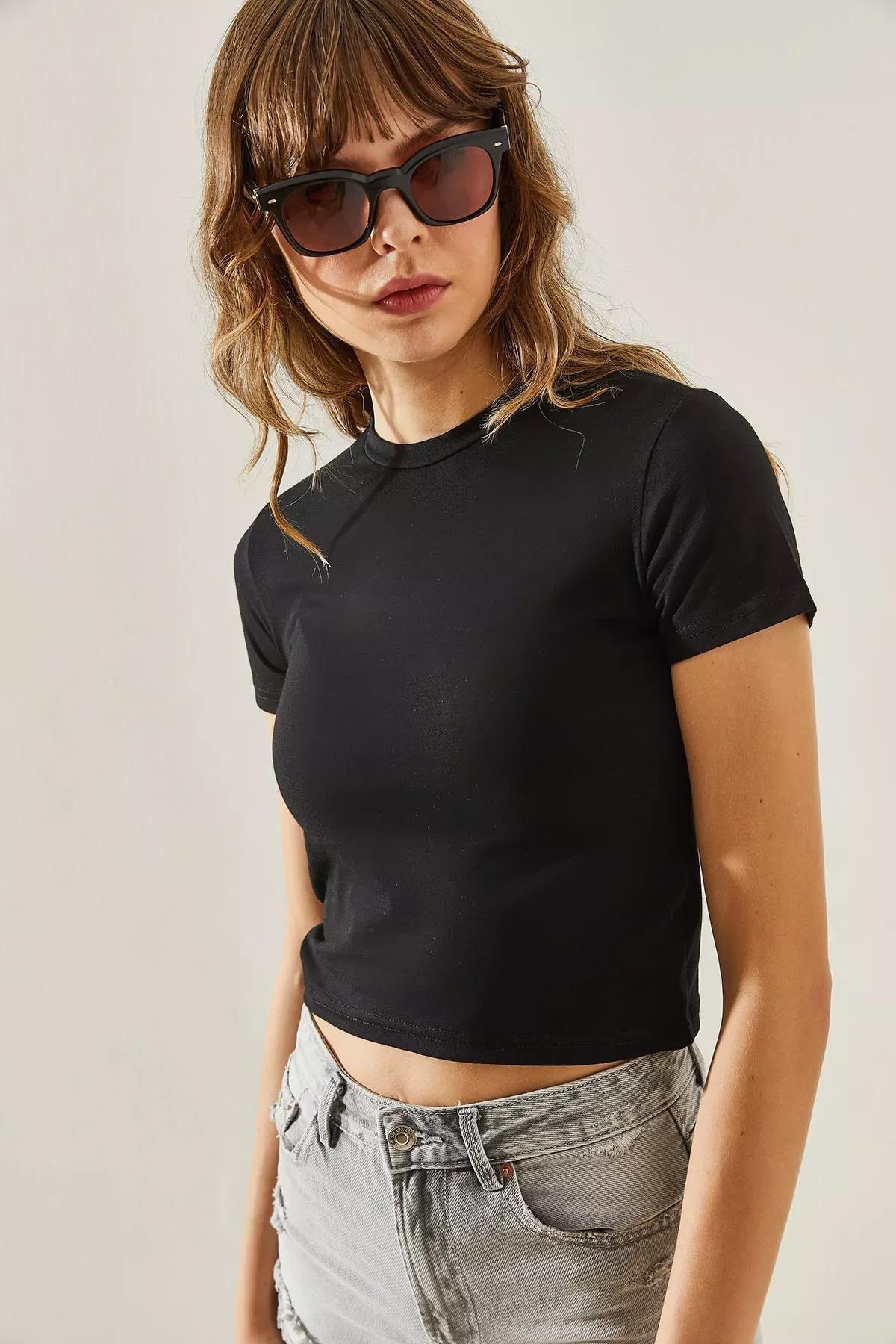 Womens Crew Neck Basic Crop T-Shirt 60251338, BLACK, large image number 2