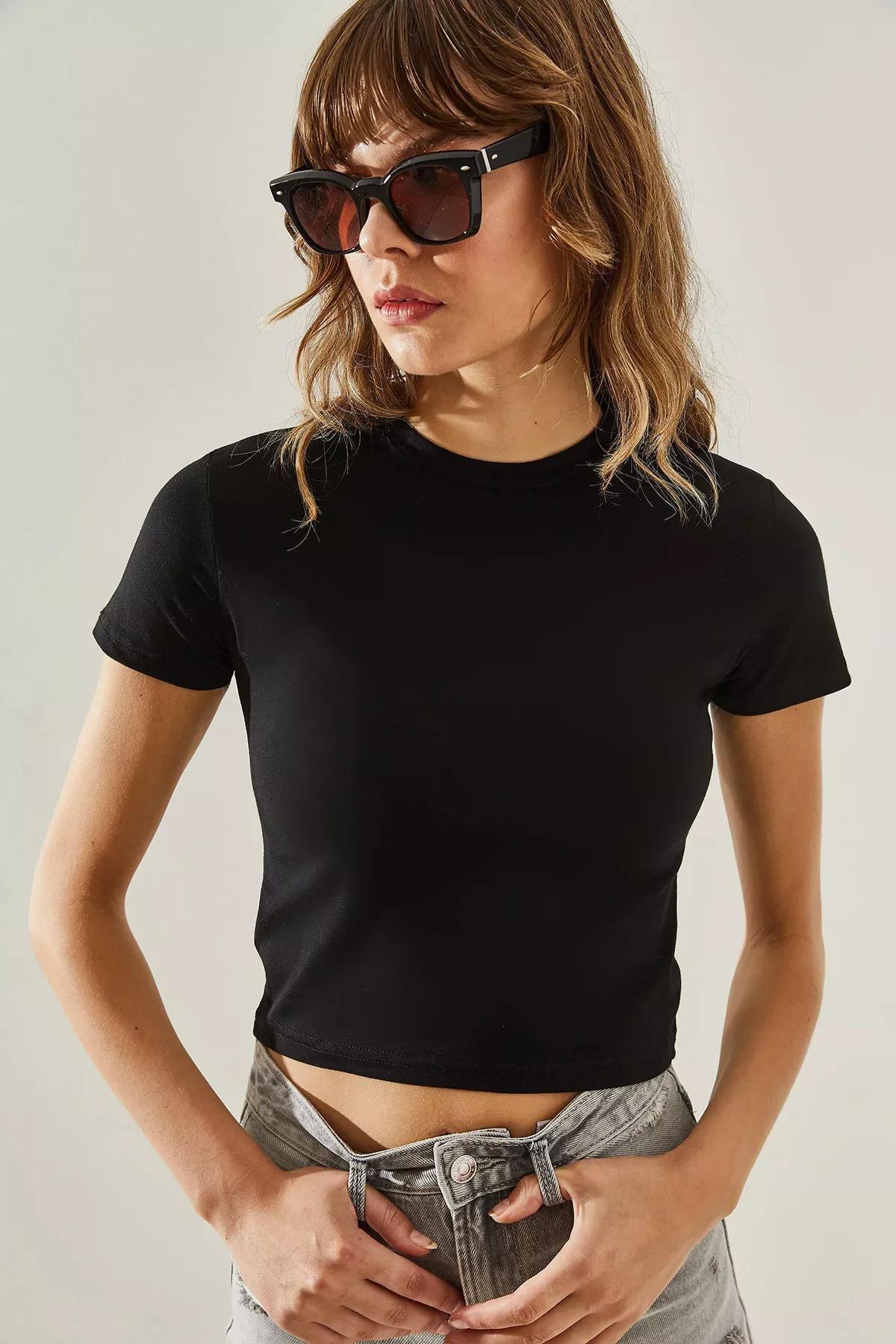 Womens Crew Neck Basic Crop T-Shirt 60251338, BLACK, large image number 3